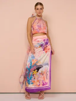 Leo Lin Evie Halter Bow Tie Top and Estella Wrap Midi Skirt in Neptune Print in Coral Set Size 6 for rent on The Volte - image 1