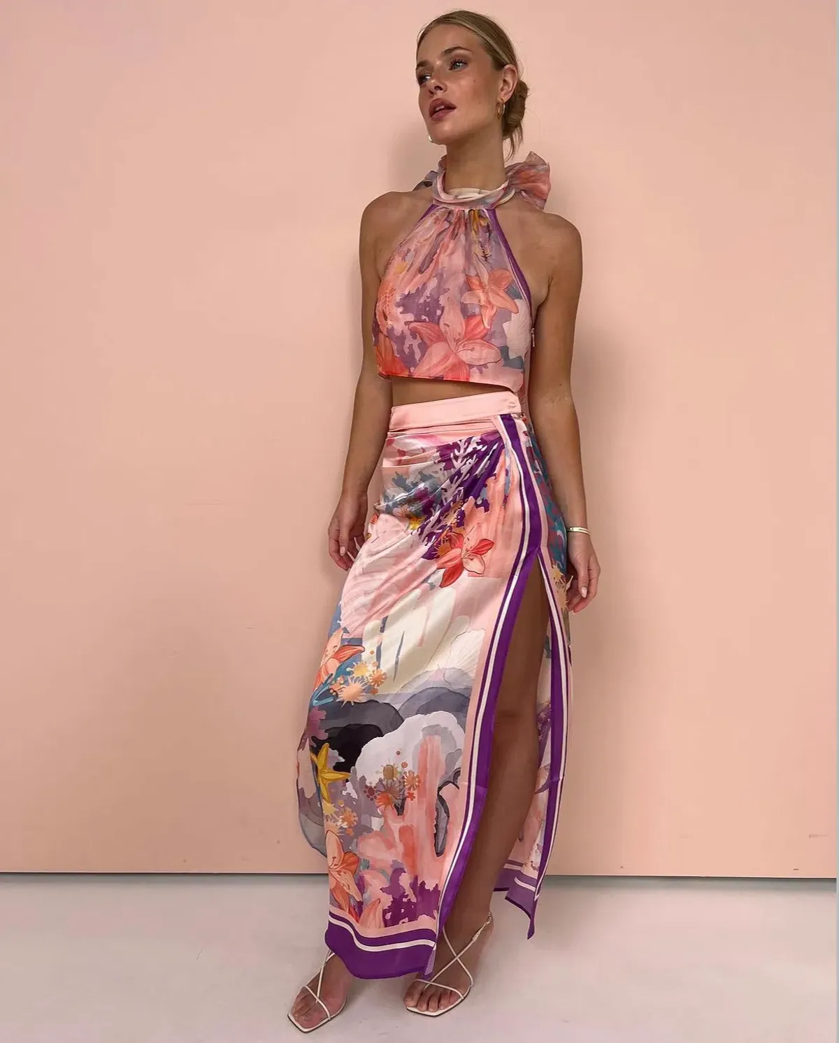 Leo Lin Evie Halter Bow Tie Top and Estella Wrap Midi Skirt in Neptune Print in Coral Set Size 6 - Image 2