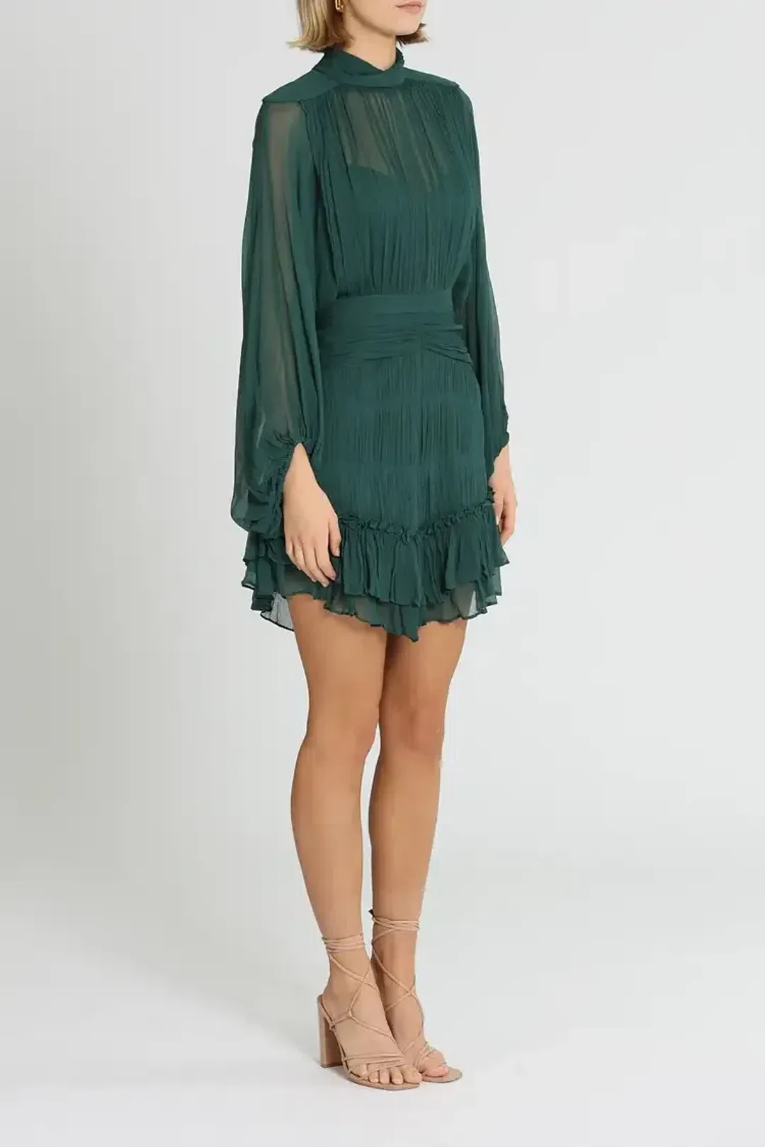 Shona Joy Leonie Long Sleeve Ruched Mini Dress in Green Size 10 for rent on The Volte - main image