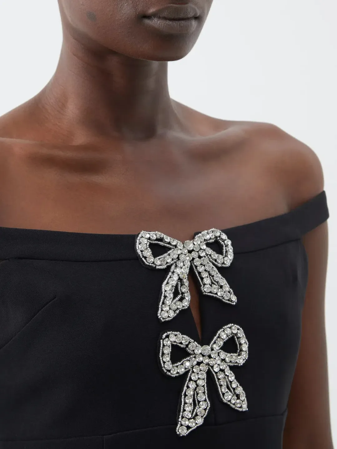 Self-Portrait Off Shoulder Crystal Embellished Bow Tie Crepe Mini Dress Black Size 8 for rent on The Volte - main image