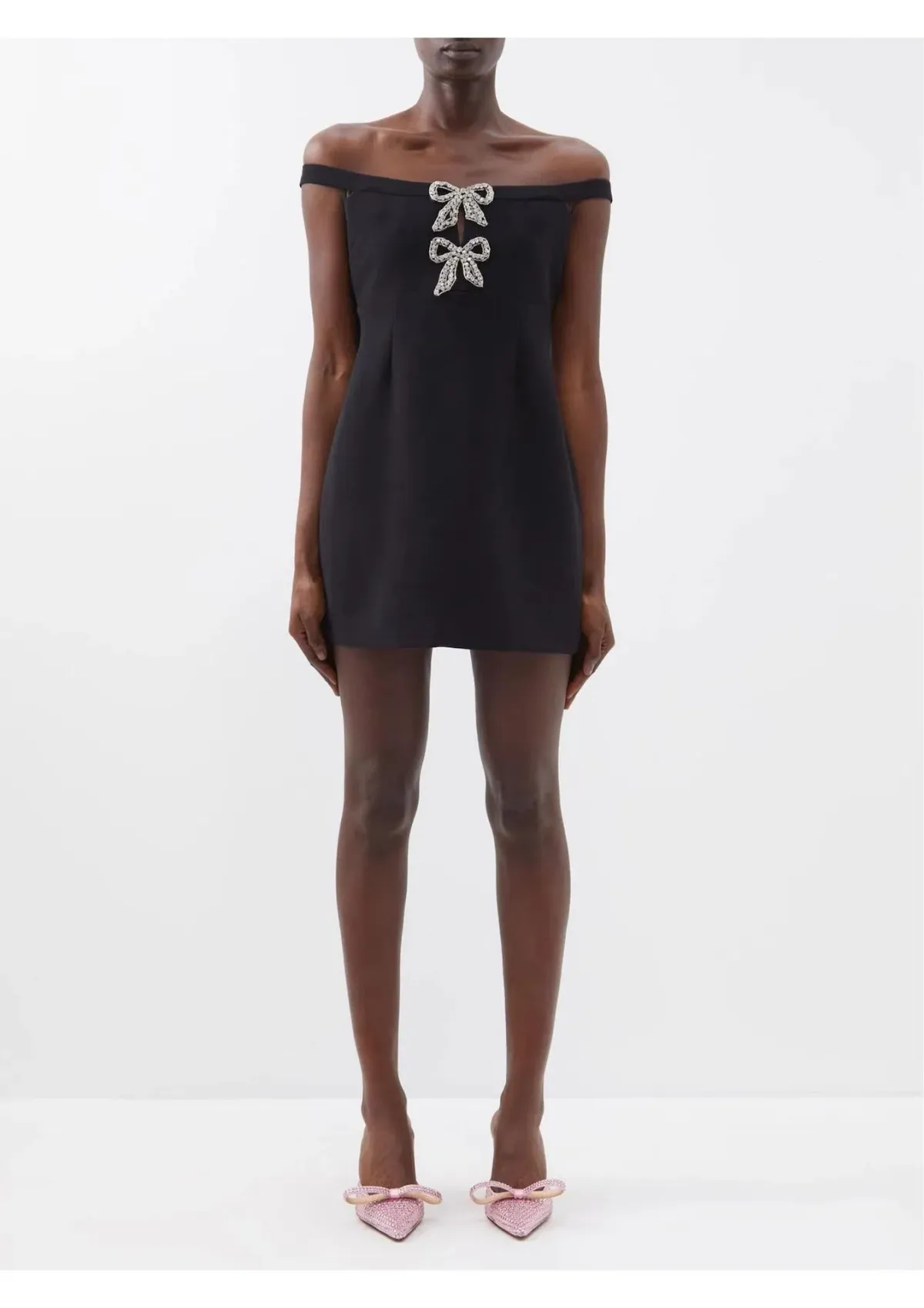 Self-Portrait Off Shoulder Crystal Embellished Bow Tie Crepe Mini Dress Black Size 8 for rent on The Volte - main image