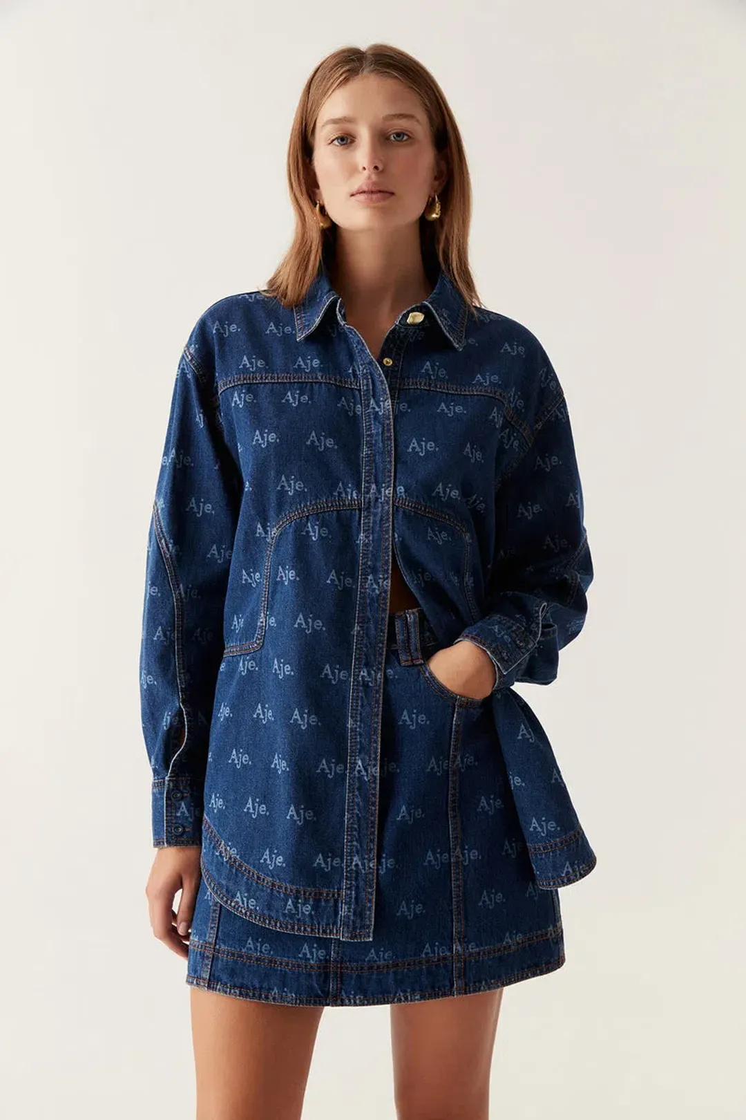 Aje Ratio Logo Denim Shirt and Mini Skirt Set Logo Wash Blue Size 16 for rent on The Volte - main image