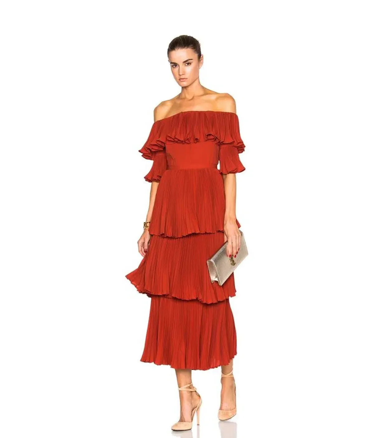 Self Portrait Flounced Off the Shoulder Pleated Maxi Dress Crimson Red Size 6 for rent on The Volte - main image
