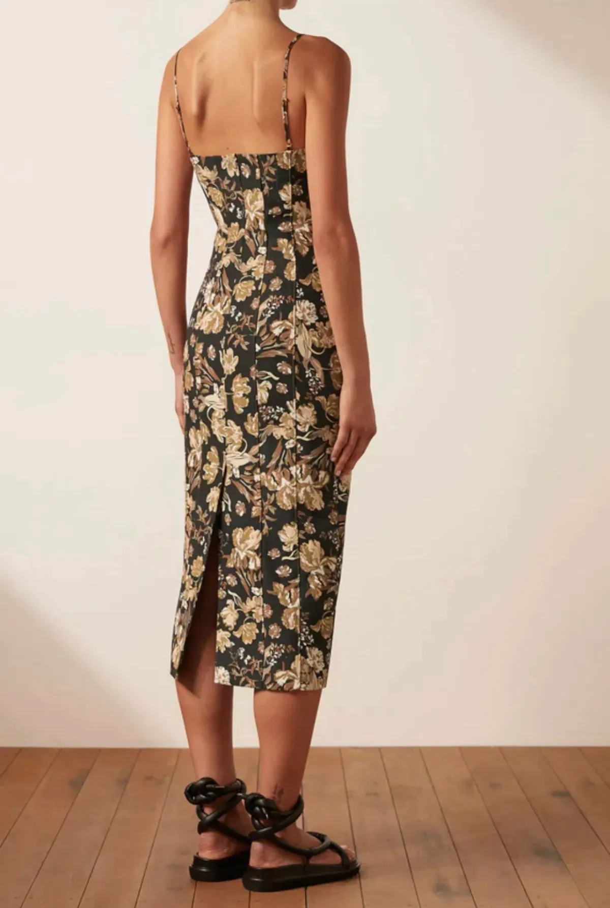 Shona Joy Palermo Linen Fitted Midi Dress Black/Multi Floral Size 10 - Image 2