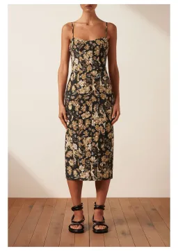 Shona Joy Palermo Linen Fitted Midi Dress Black/Multi Floral Size 10 for rent on The Volte - image 1
