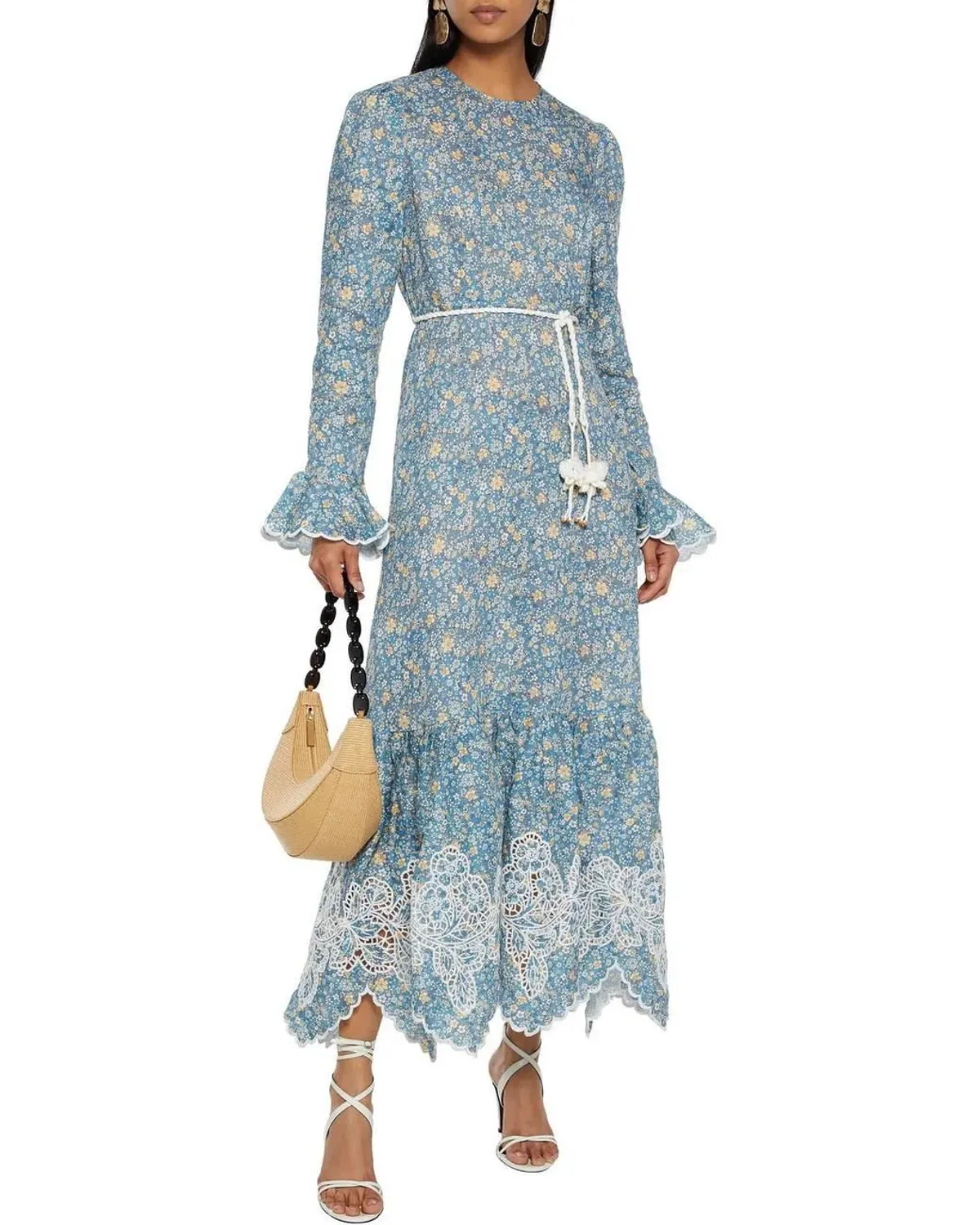 Zimmermann Carnaby Belted Broderie Anglaise-trimmed Floral-print Linen Midi Dress In Blue Print Size 14 - Image 1