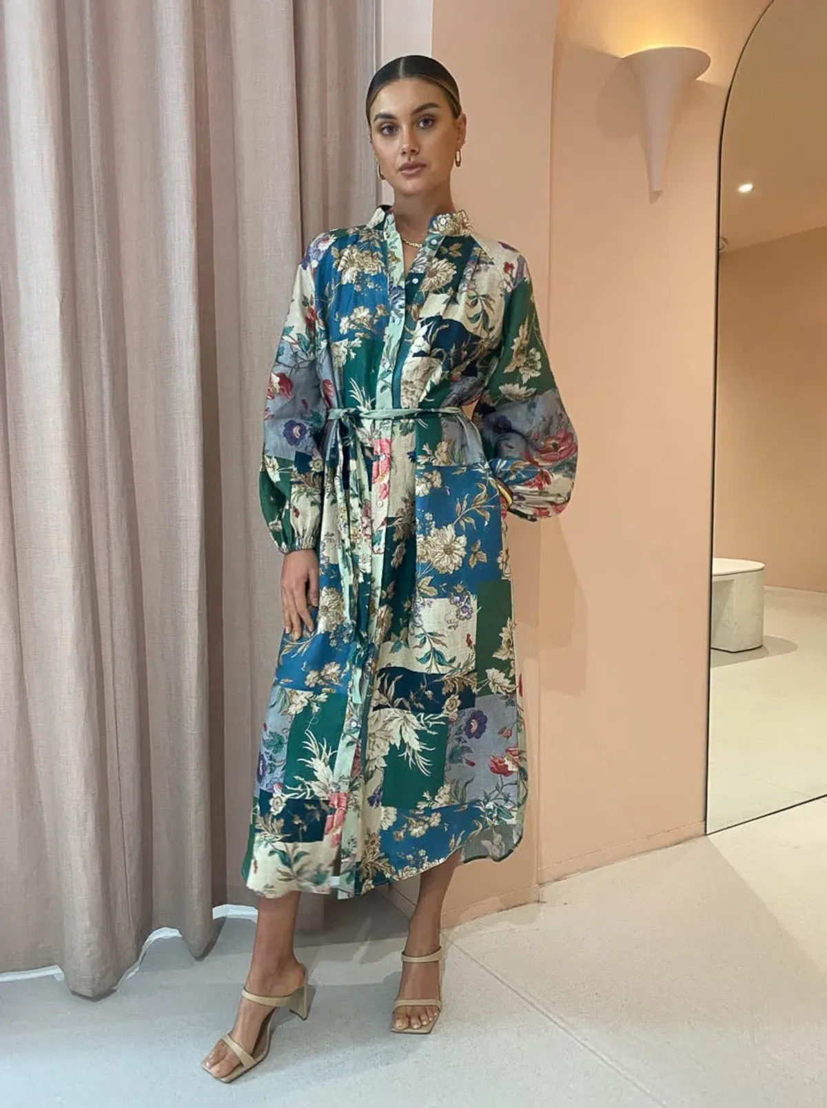 Alemais Loretta Patchwork Shirtdress In Sage Floral Size 16 - Image 1