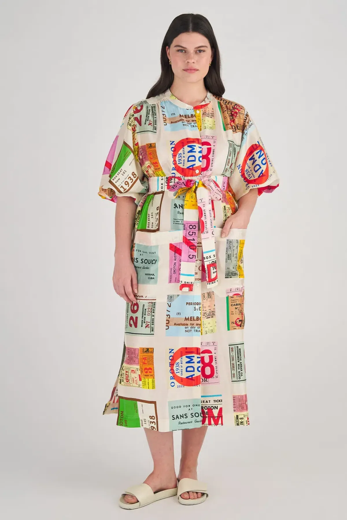Oroton Ticket Print Shirt Midi Dress Multi Print Size 16 - Image 5