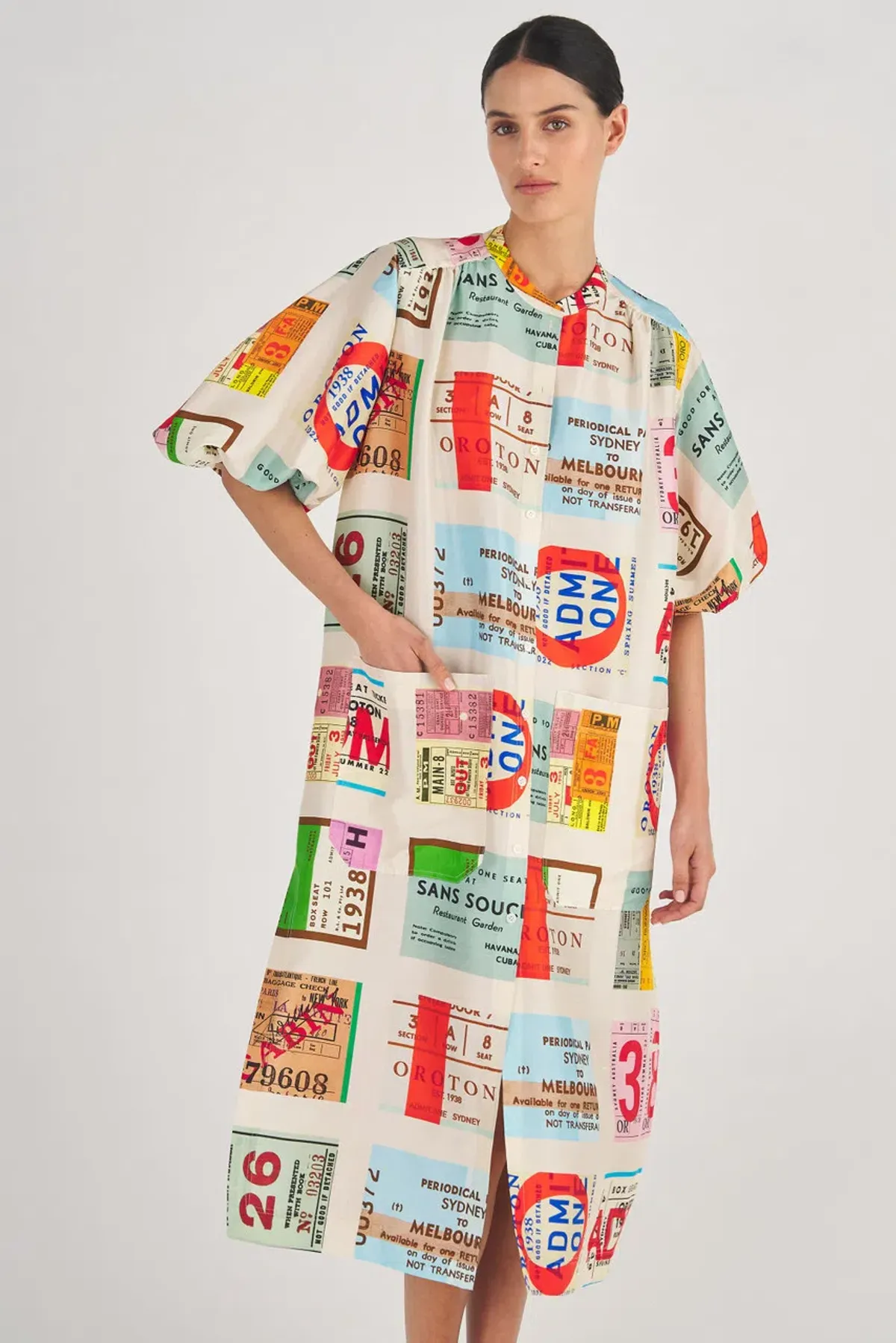 Oroton Ticket Print Shirt Midi Dress Multi Print Size 16 - Image 2