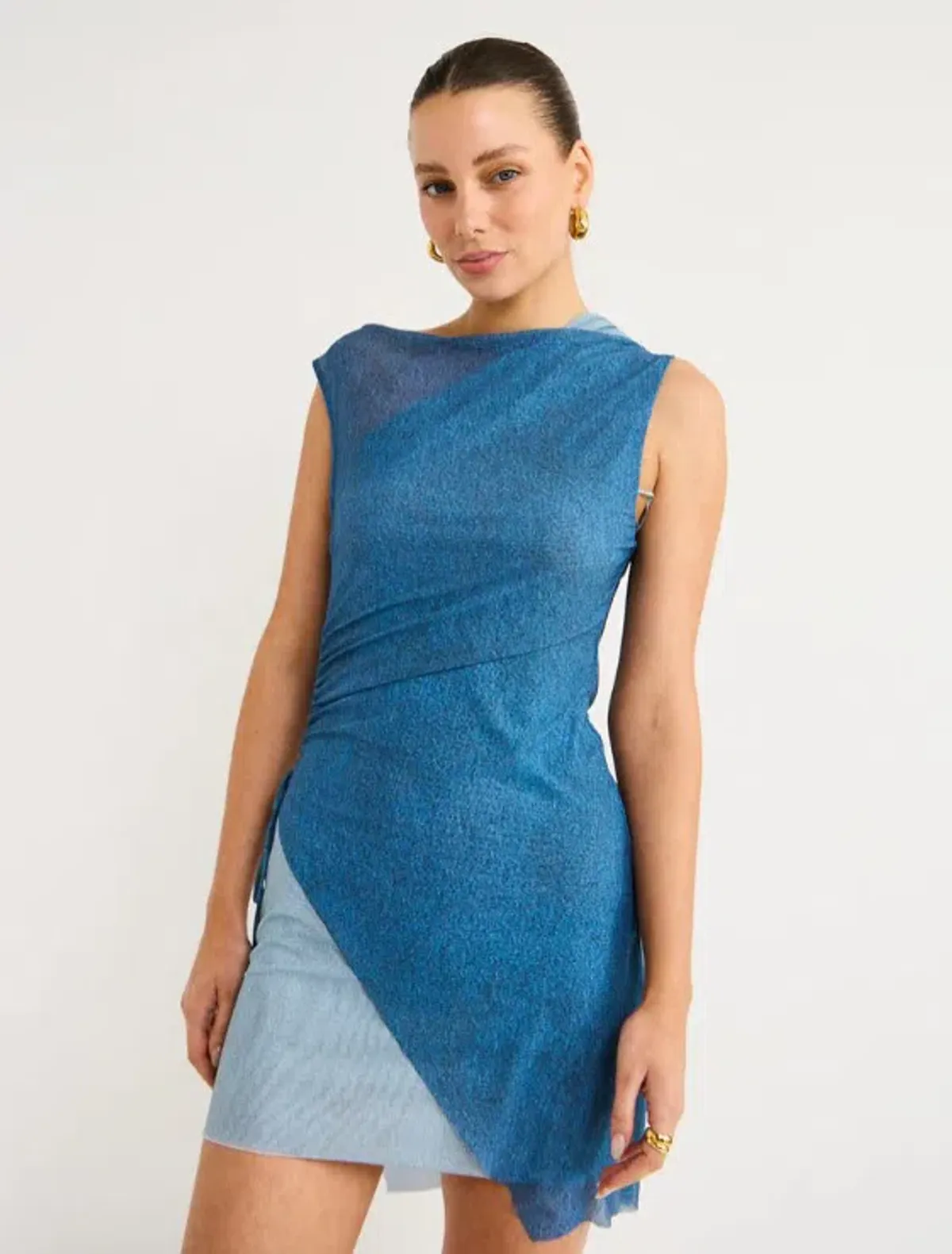Bec & Bridge Hayden Asym Mesh Mini Dress Spliced Denim Blue Size AU 10 - Image 4