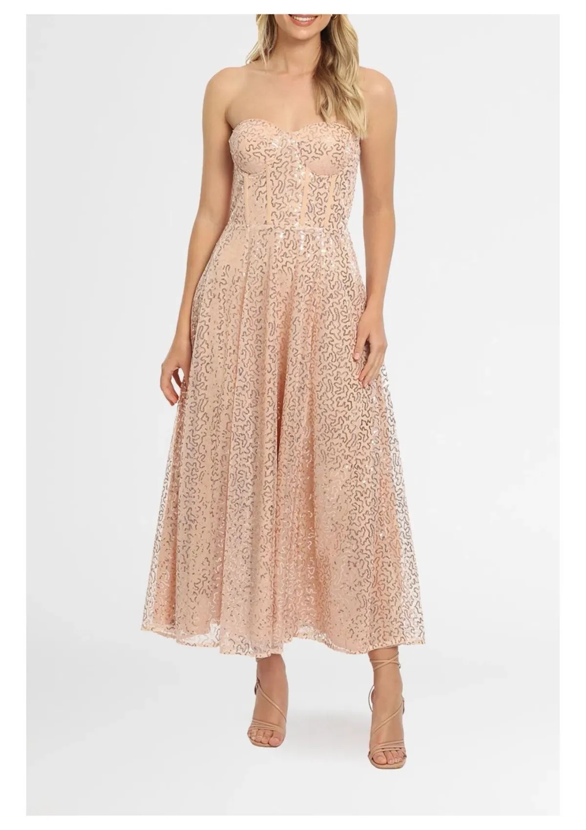 Elle Zeitoune Lana Bustier Midi Dress in Rose Gold Size 16 - Image 1