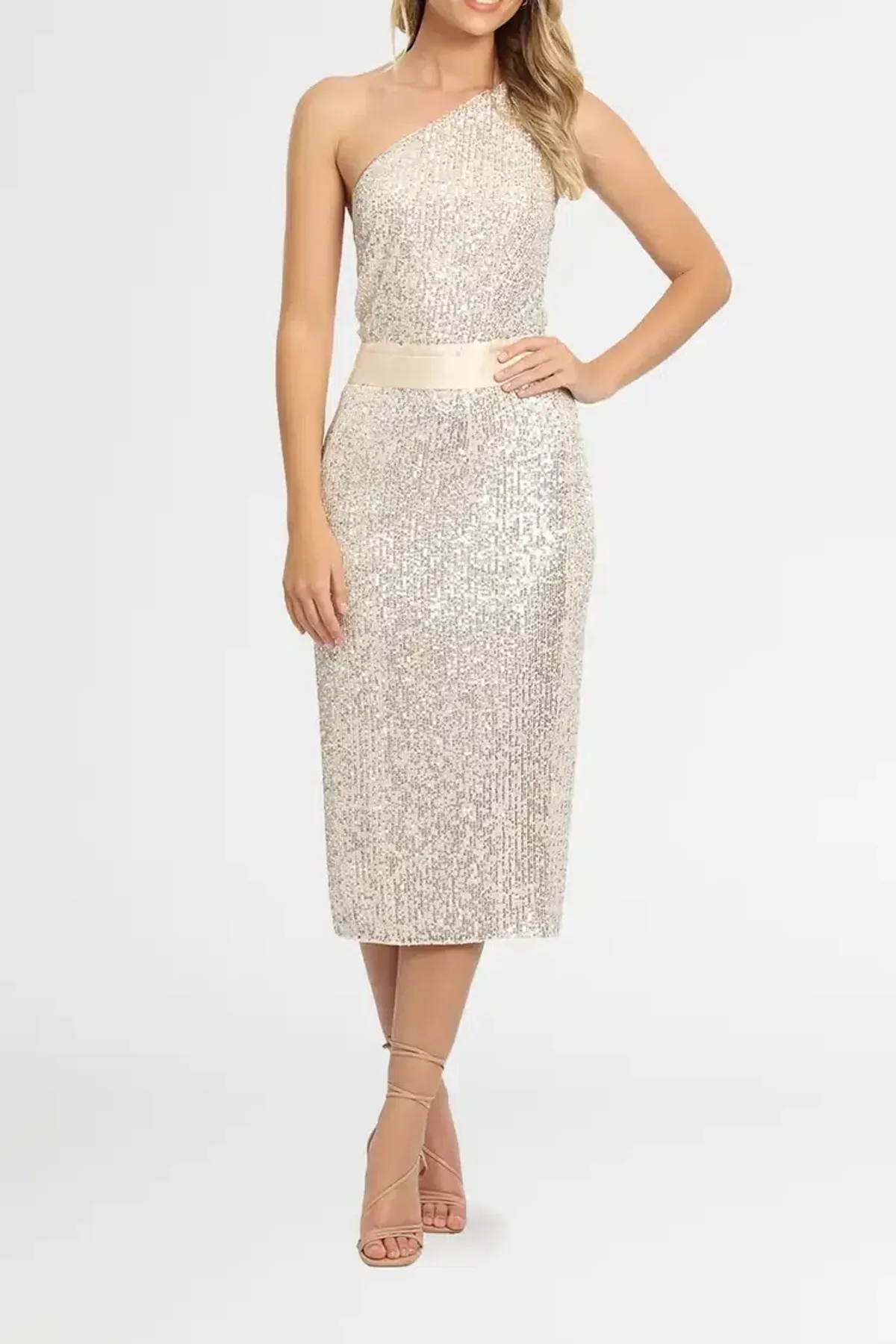 Elle Zeitoune Allene Sequin One Shoulder Midi Dress in Silver Size 10 - Image 2