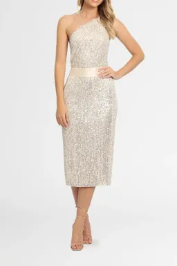 Elle Zeitoune Allene Sequin One Shoulder Midi Dress in Silver Size 10 for rent on The Volte - image 2