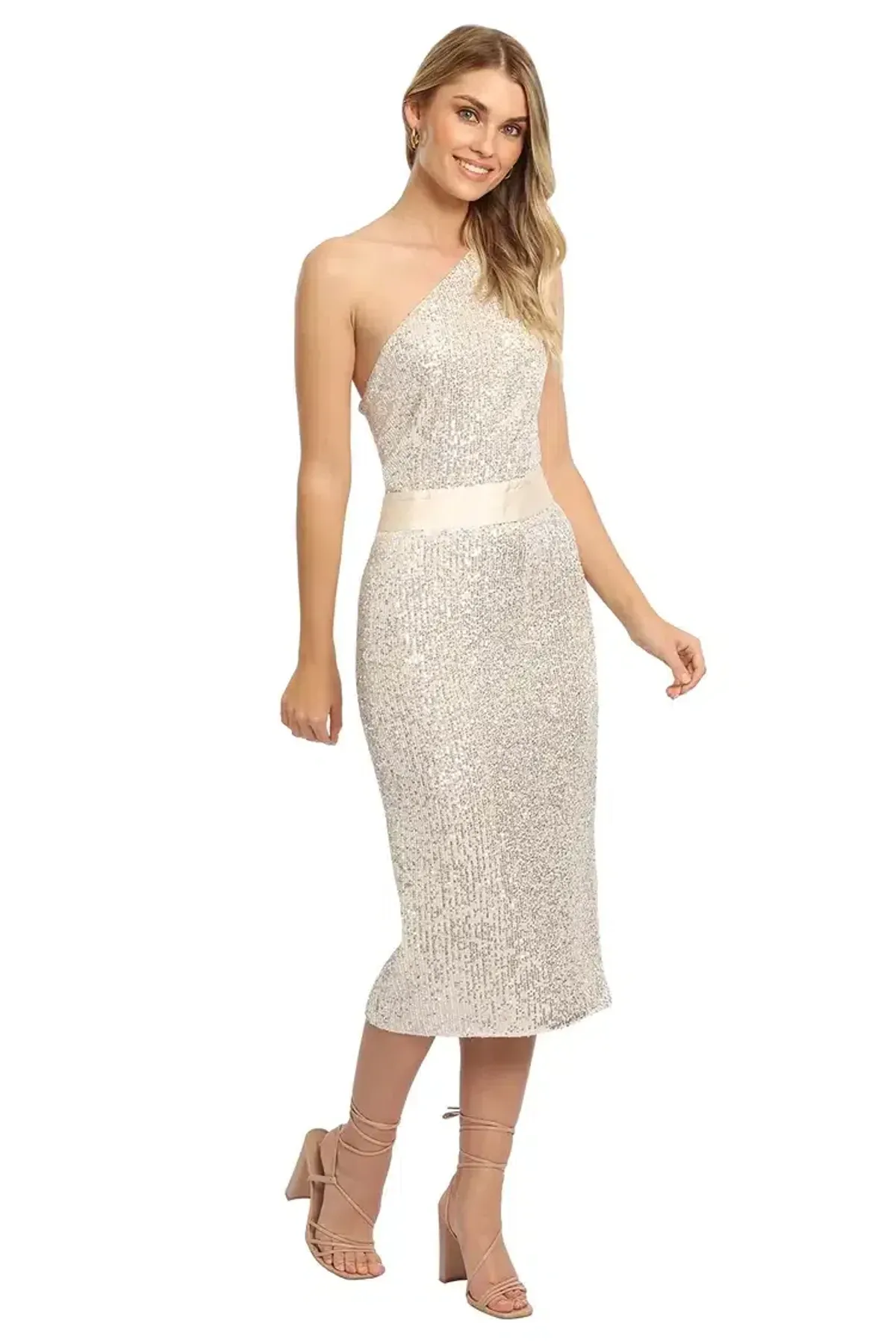 Elle Zeitoune Allene Sequin One Shoulder Midi Dress in Silver Size 8 - Image 2