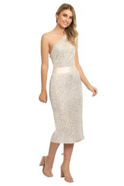 Elle Zeitoune Allene Sequin One Shoulder Midi Dress in Silver Size 8 for rent on The Volte - image 2