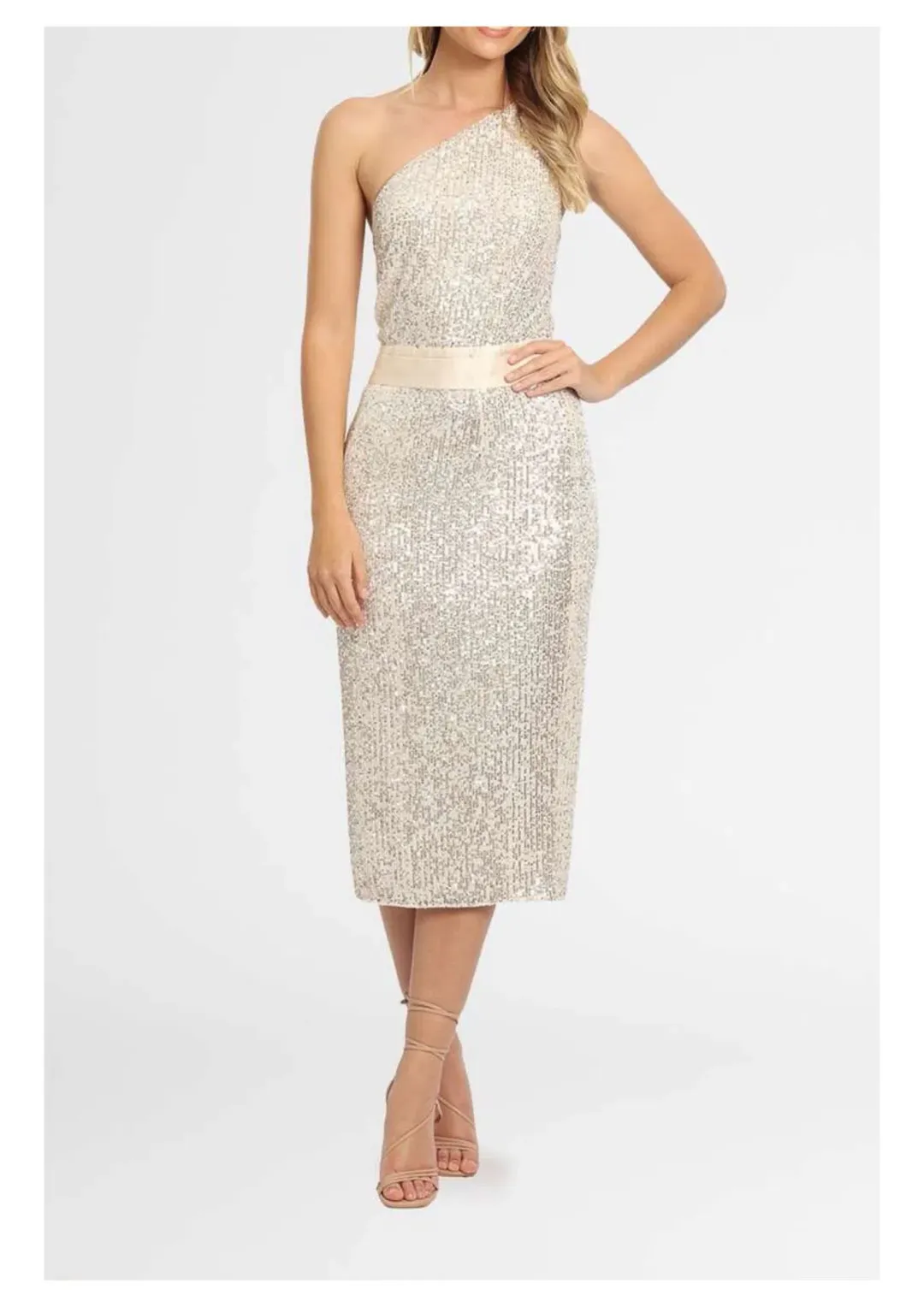 Elle Zeitoune Allene Sequin One Shoulder Midi Dress in Silver Size 8 for rent on The Volte - main image