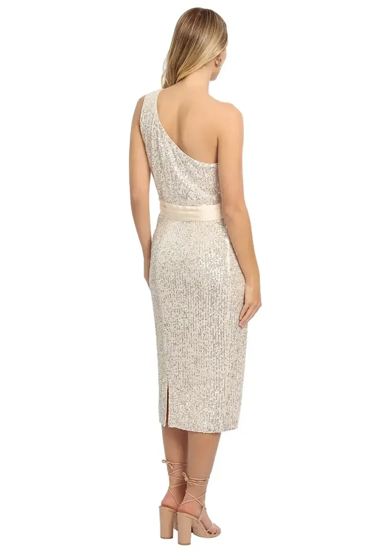 Elle Zeitoune Allene Sequin One Shoulder Midi Dress in Silver Size 8 - Image 3