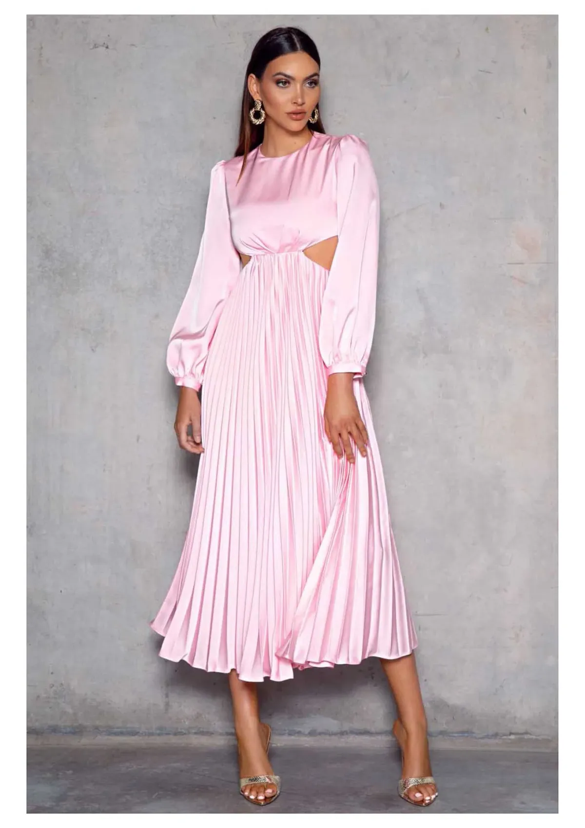 Elle Zeitoune Barry Satin Long Sleeve Midi Dress in Candy Pink Size 8 for rent on The Volte - main image