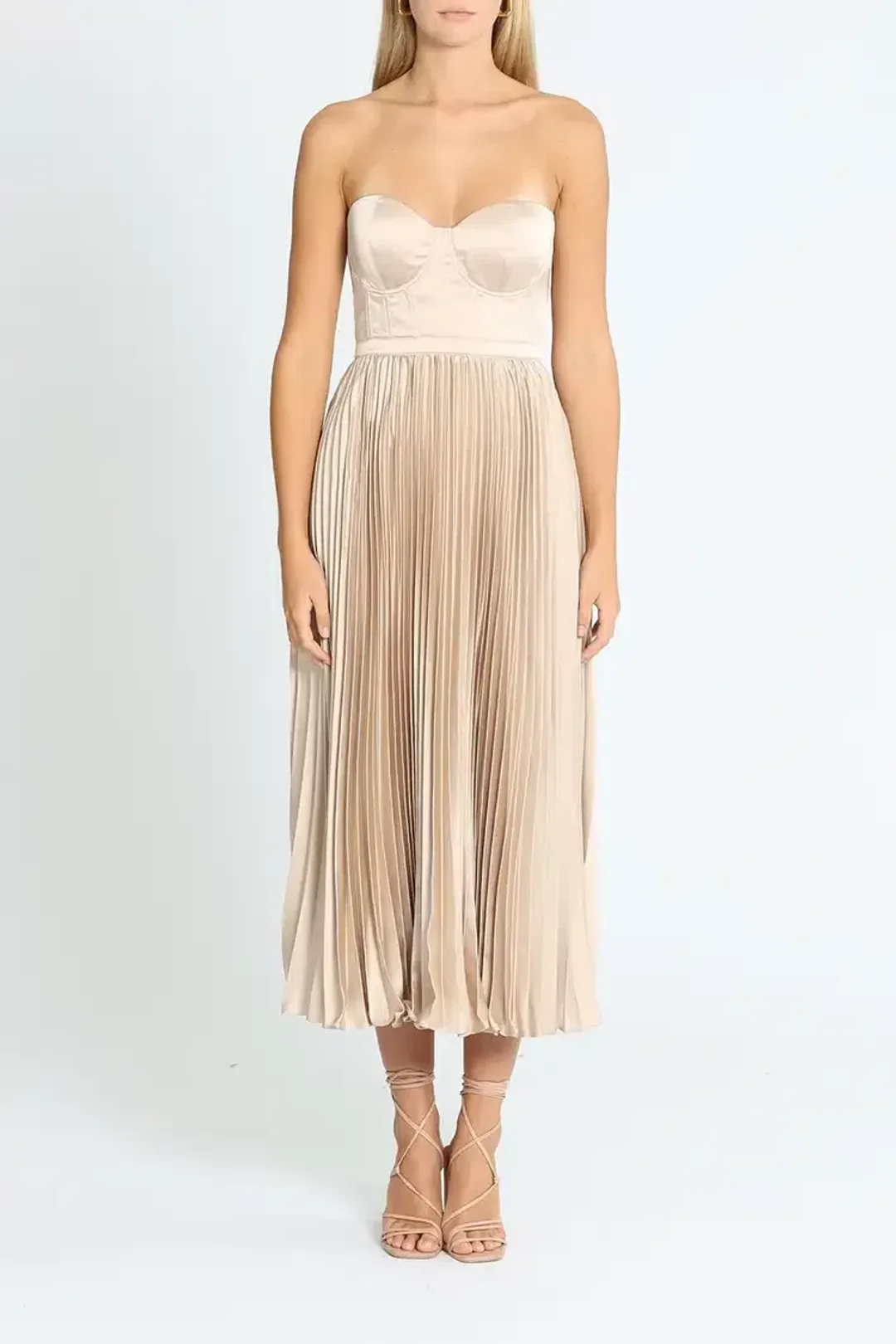 Elle Zeitoune Fluid Pleated Midi Dress in Champagne Size 8 for rent on The Volte - main image