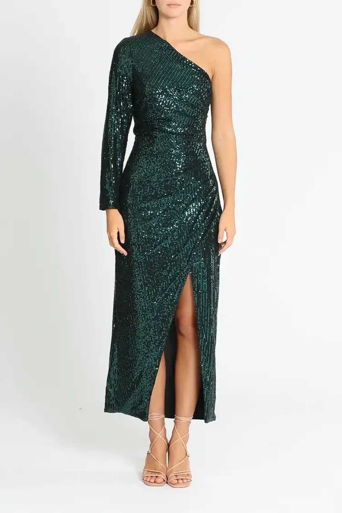 Elle Zeitoune One Shoulder Ruched Dress in Green Size 14 for rent on The Volte - main image