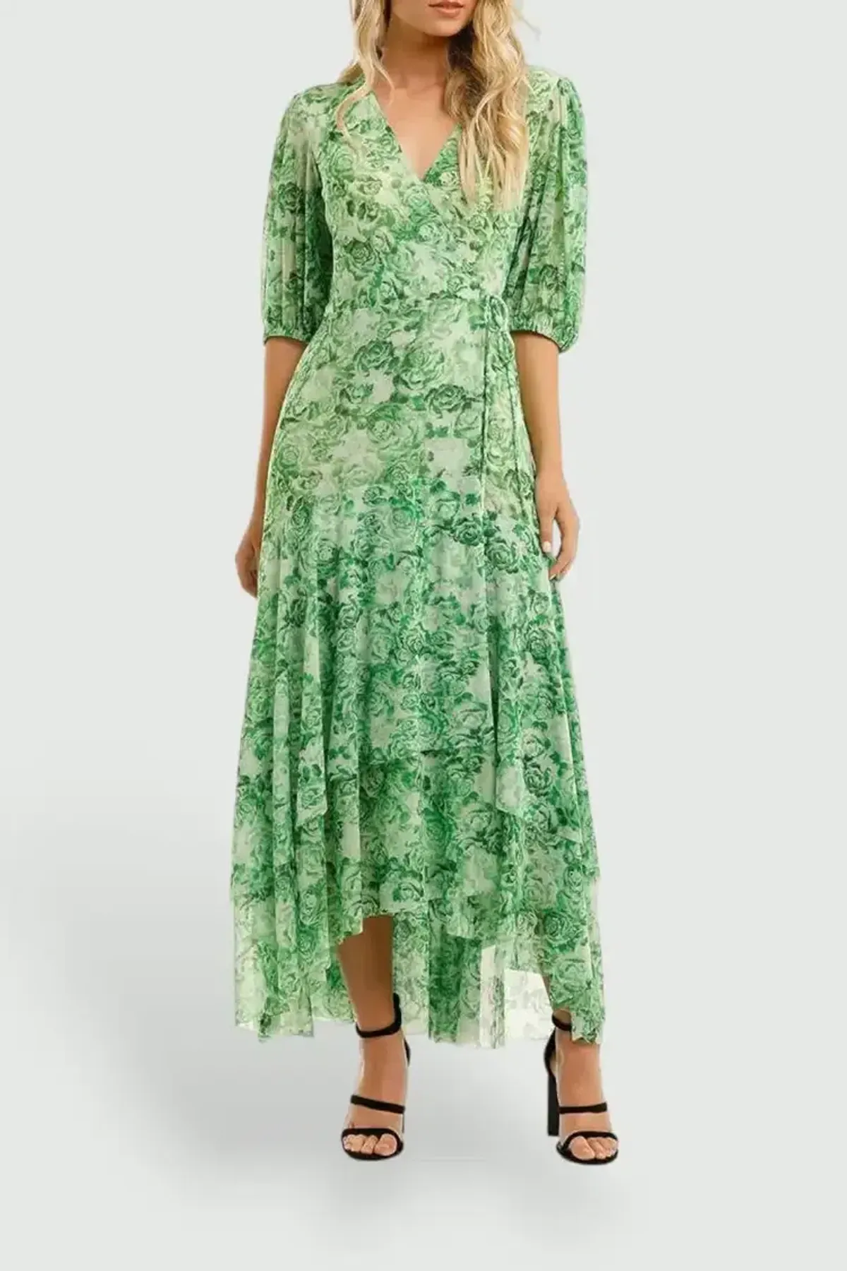 Ganni Printed Mesh Long Dress in Island Green Size 10 for rent on The Volte - main image