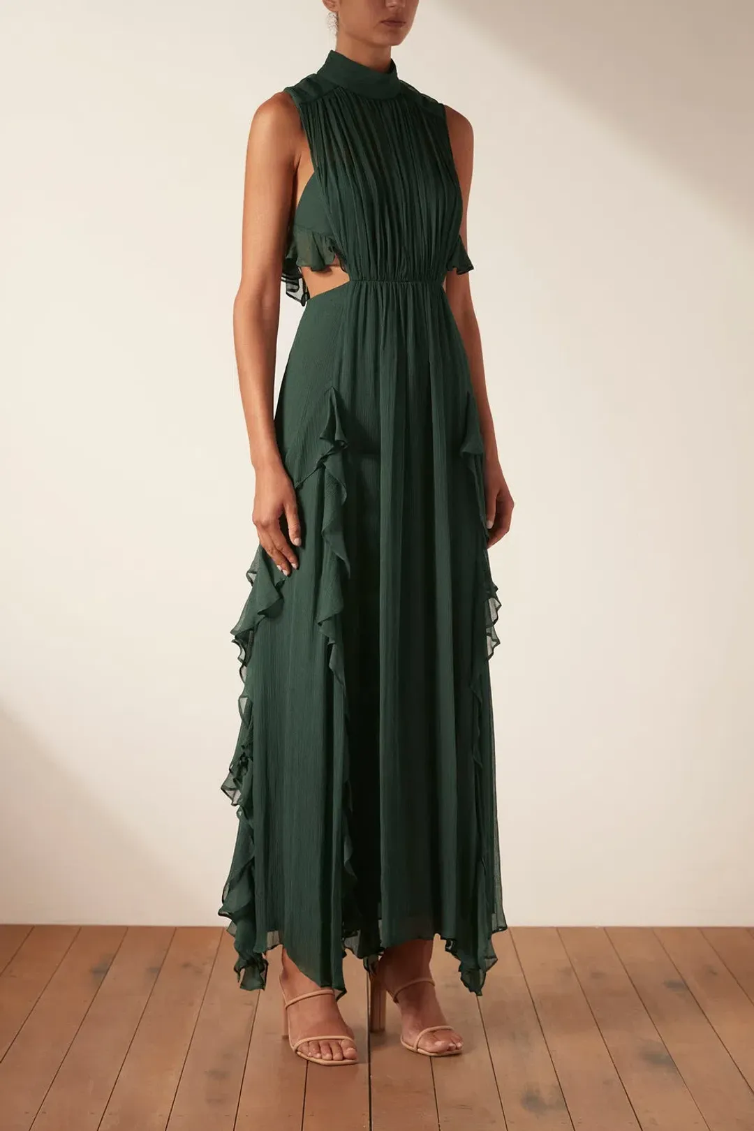Shona Joy Leonie Backless Frill Maxi Dress Rosemary Green Size 6 for rent on The Volte - main image