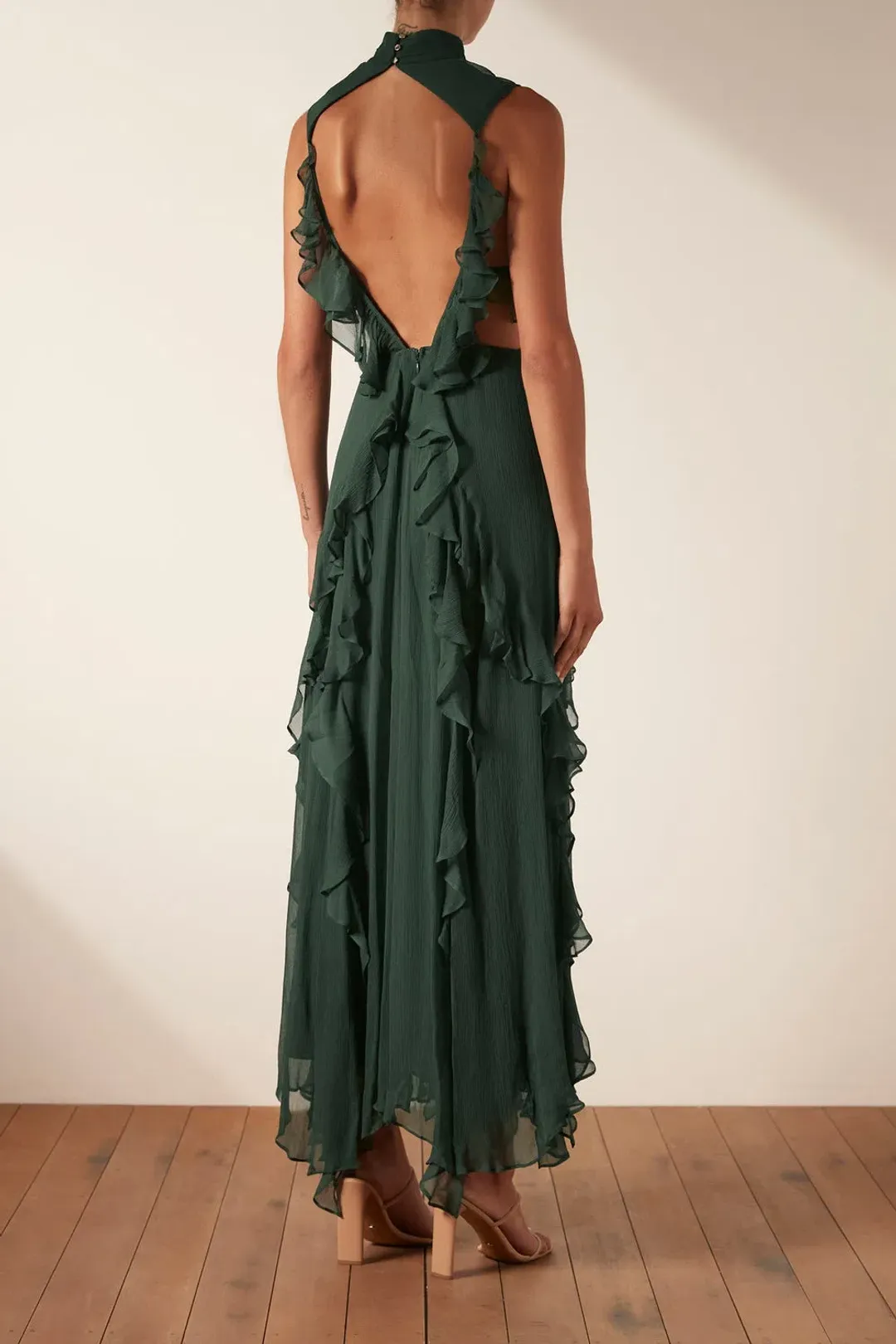 Shona Joy Leonie Backless Frill Maxi Dress Rosemary Green Size 6 for rent on The Volte - main image