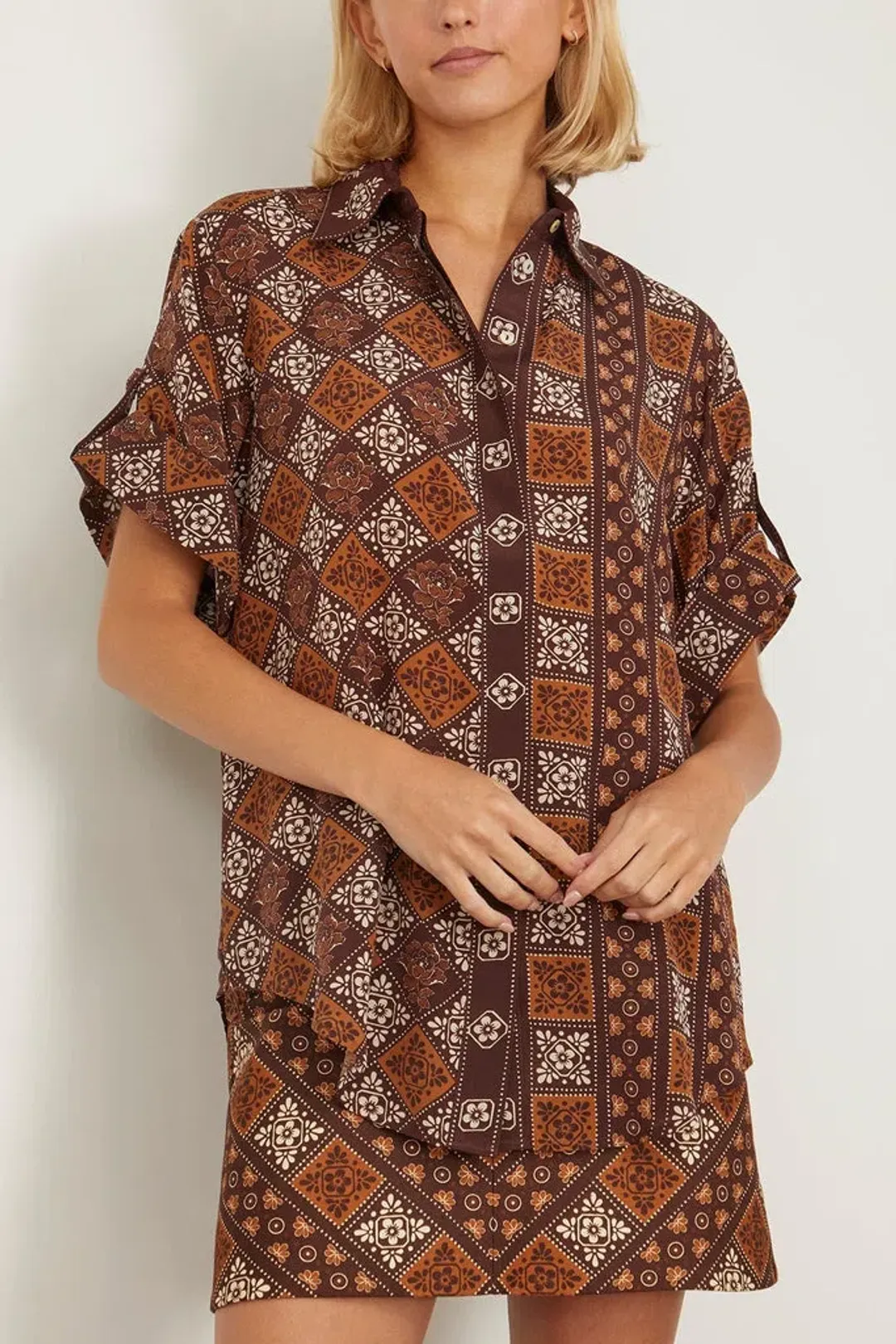 Alemais Carmella Shirt And Mini Skirt Set Brown/Print Size 8 for rent on The Volte - main image