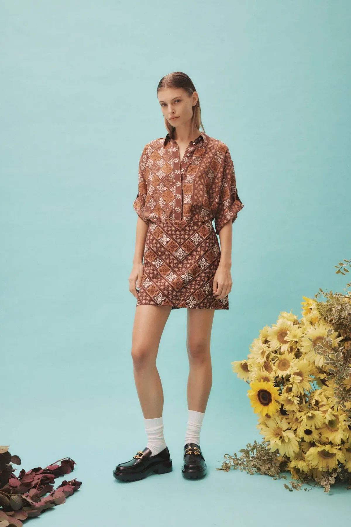 Alemais Carmella Shirt And Mini Skirt Set Brown/Print Size 8 for rent on The Volte - main image