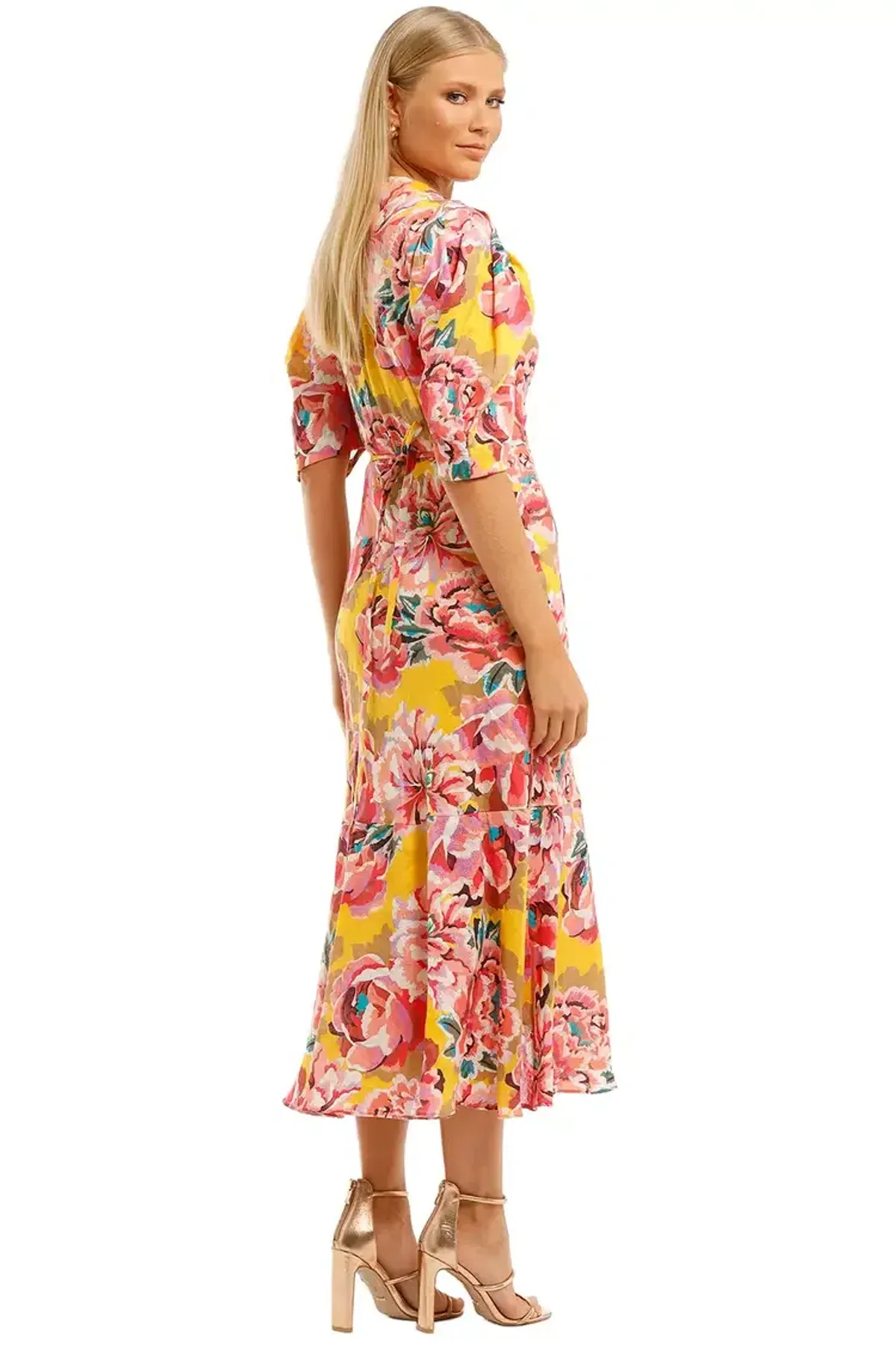 Ginger & Smart Flourish Wrap Midi Dress in Yellow Floral Size 8 - Image 3