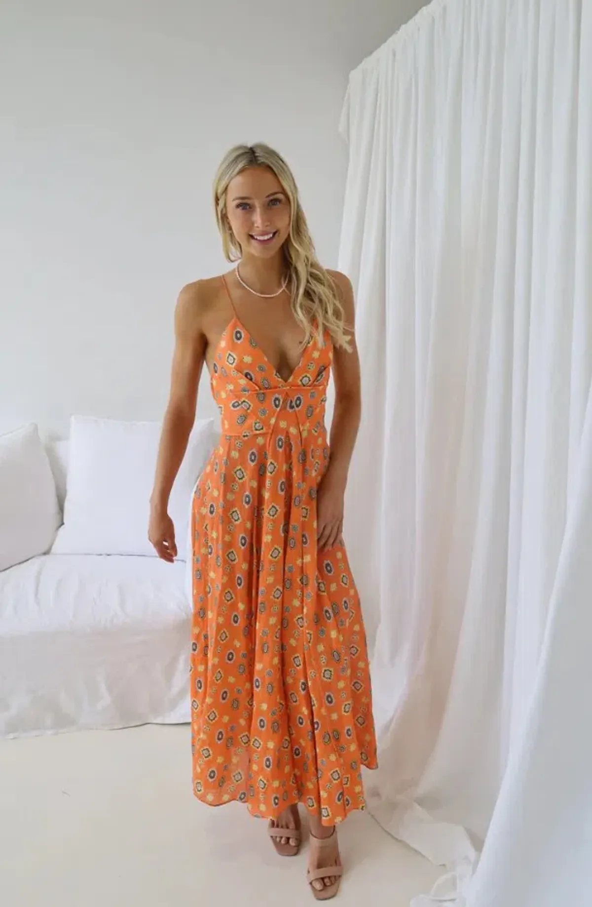 Scanlan Theodore Foulard Linen Strappy Dress Tangerine Orange Floral Size S / AU 8 - Image 4