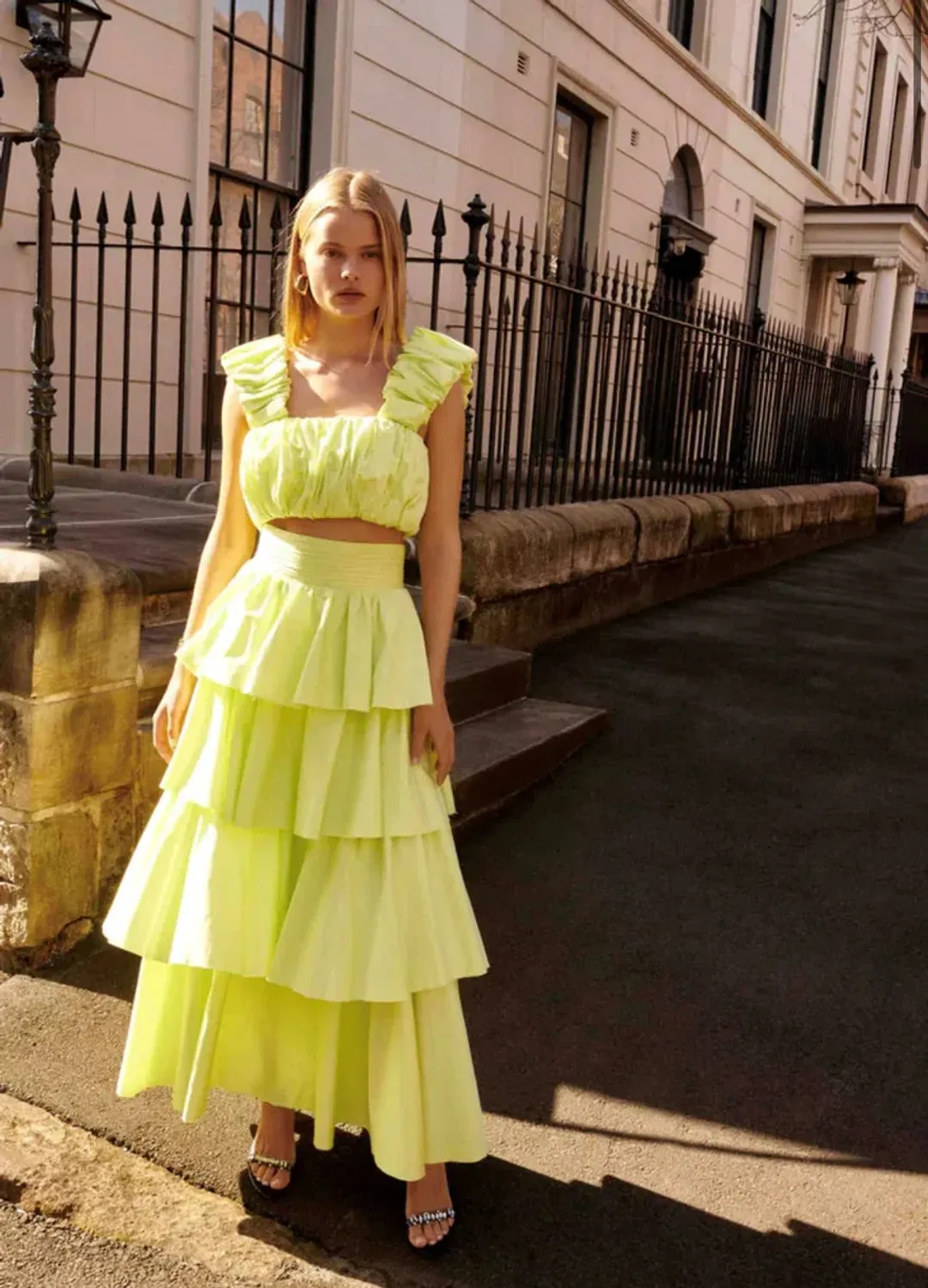 Aje Medina Ruched Cropped Top and Tiered Midi Skirt Light Lemon Set Size 16 for rent on The Volte - main image