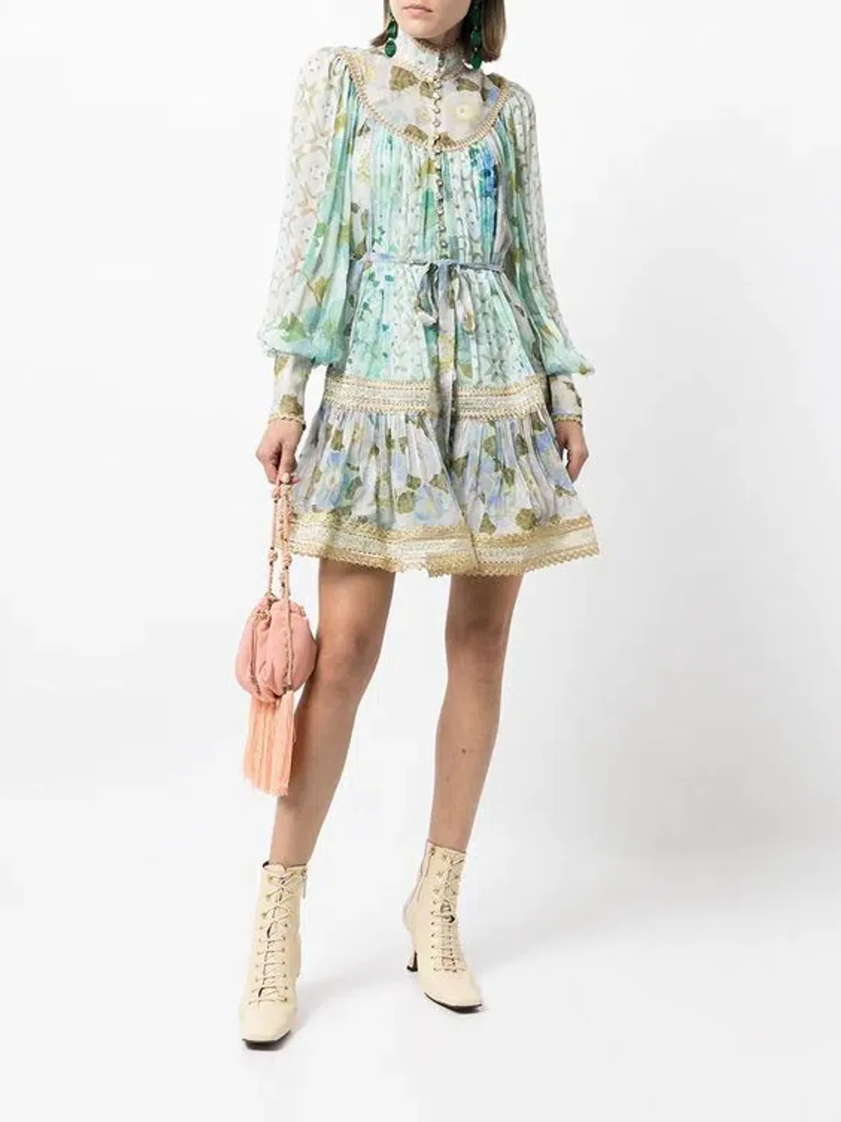 Zimmermann Rhythm Trimmed Billow Mini Dress Aqua Print Size 0 / 8 AU - Image 1
