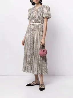 Self Portrait Belted Checked Chiffon Midi Dress Beige Multi Size 12 for rent on The Volte - image 1