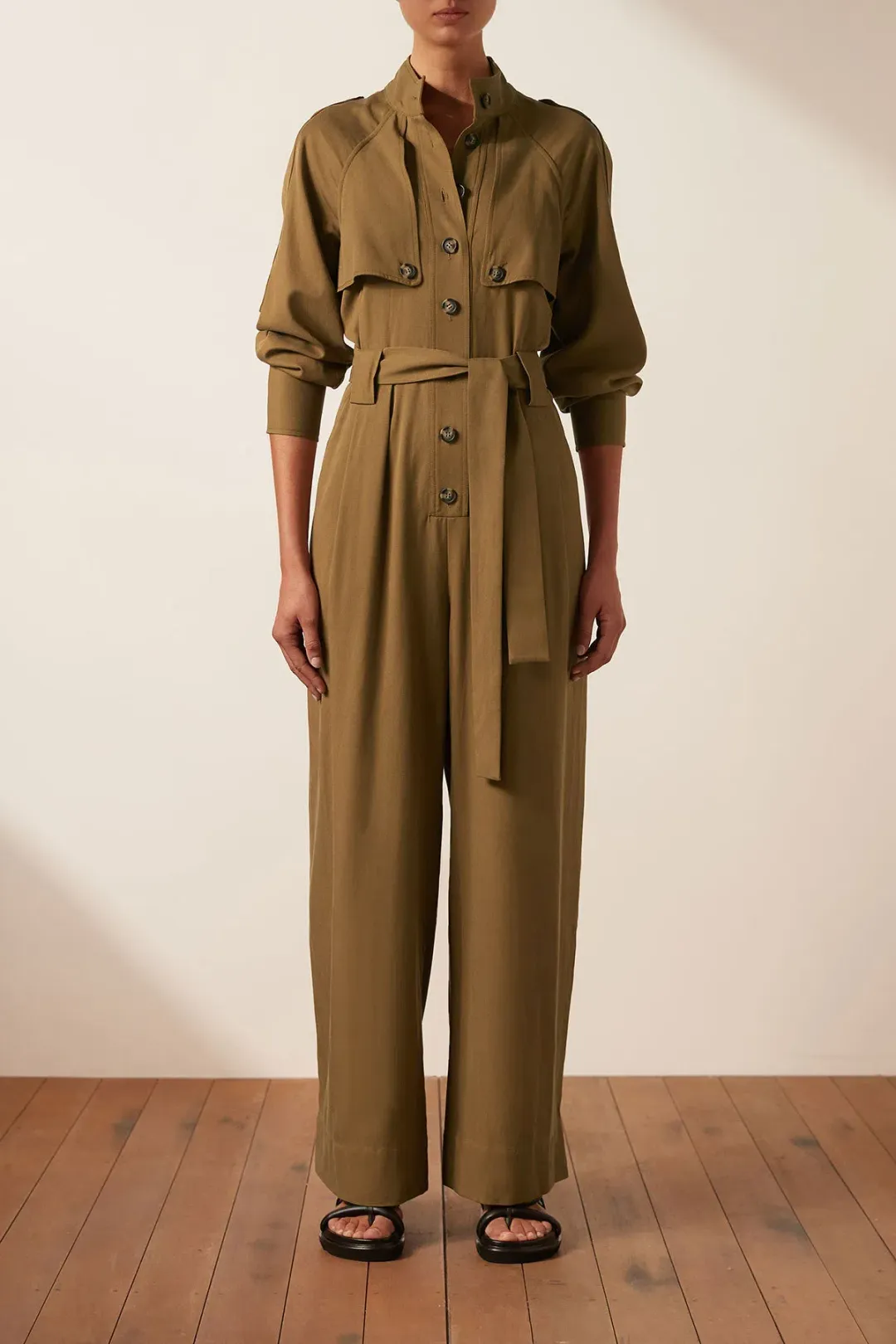 Shona Joy Sara High Neck Boiler Suit Tapenade Size 14 for rent on The Volte - main image