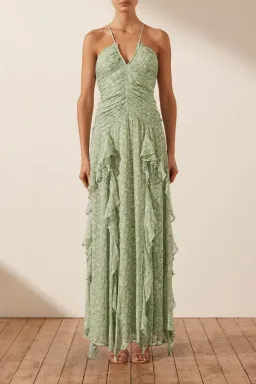 Shona Joy Aurore Ruched Frill Maxi Dress Green Floral Size AU 6 for rent on The Volte - image 2
