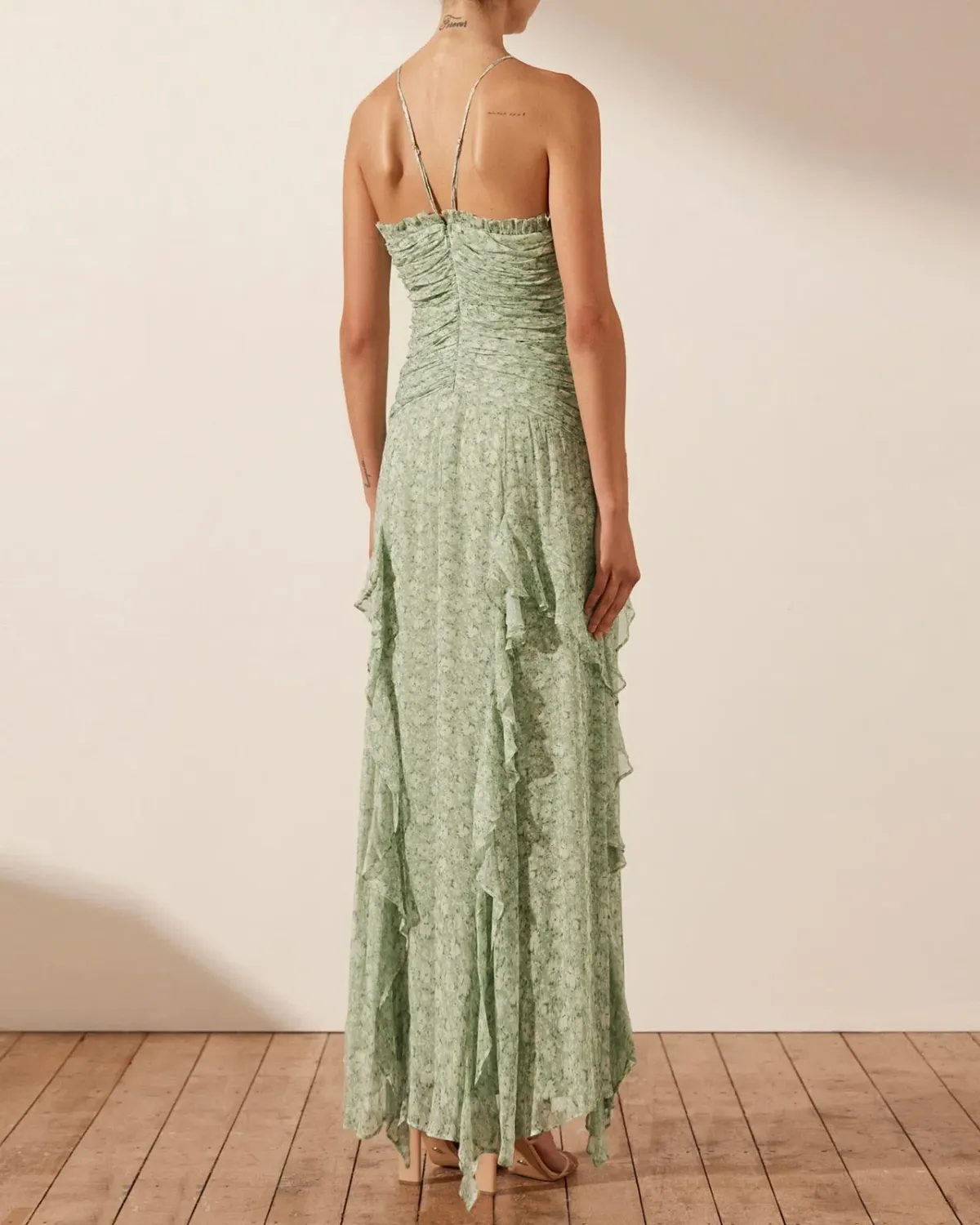 Shona Joy Aurore Ruched Frill Maxi Dress Green Floral Size AU 6 - Image 3