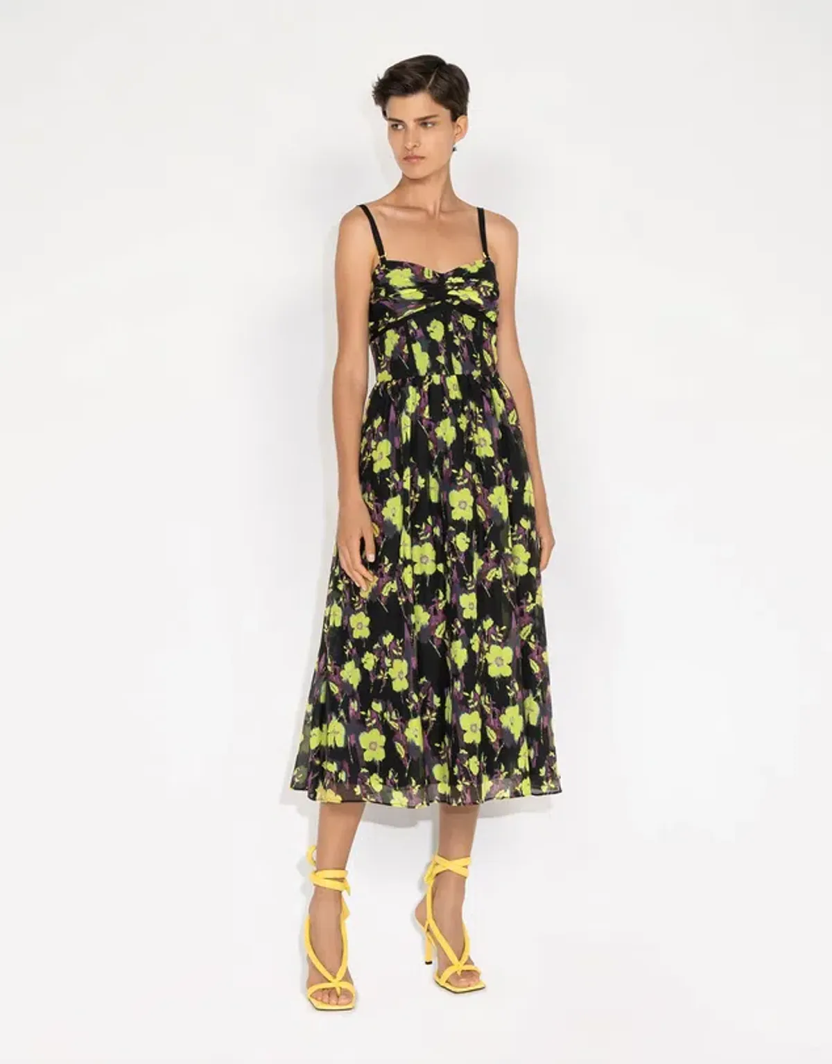 Cue Neon Rose Ruched Bodice Midi Dress Floral Size 8 - Image 1