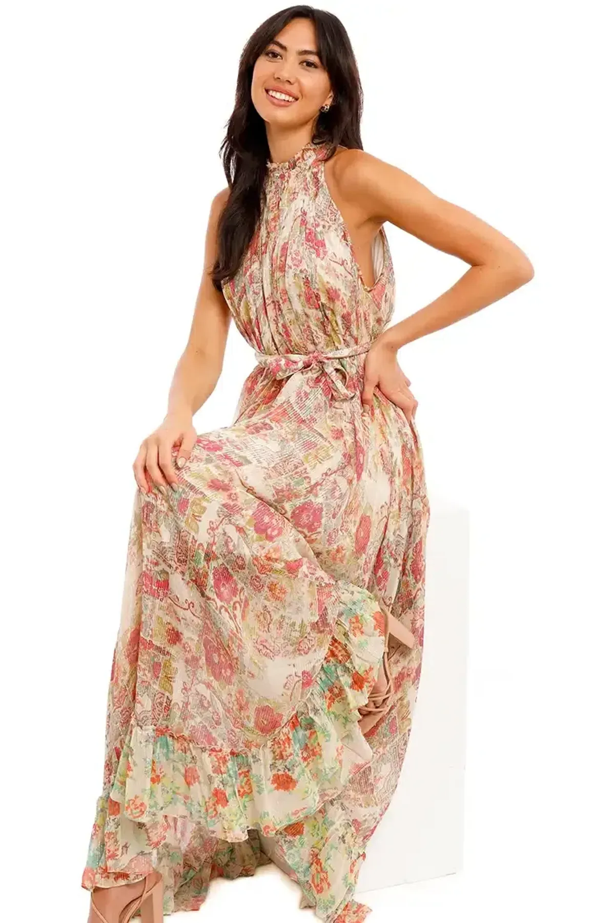 Hemant & Nandita Nova Midi Dress With Belt Floral Size 14 - Image 3