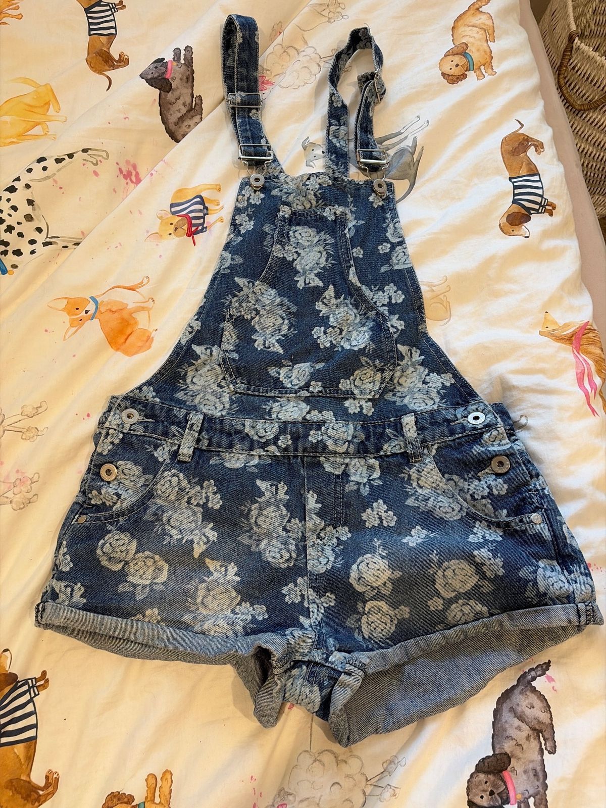 Valley Girl Dark Blue Denim Overalls Floral Size 8 - Image 1