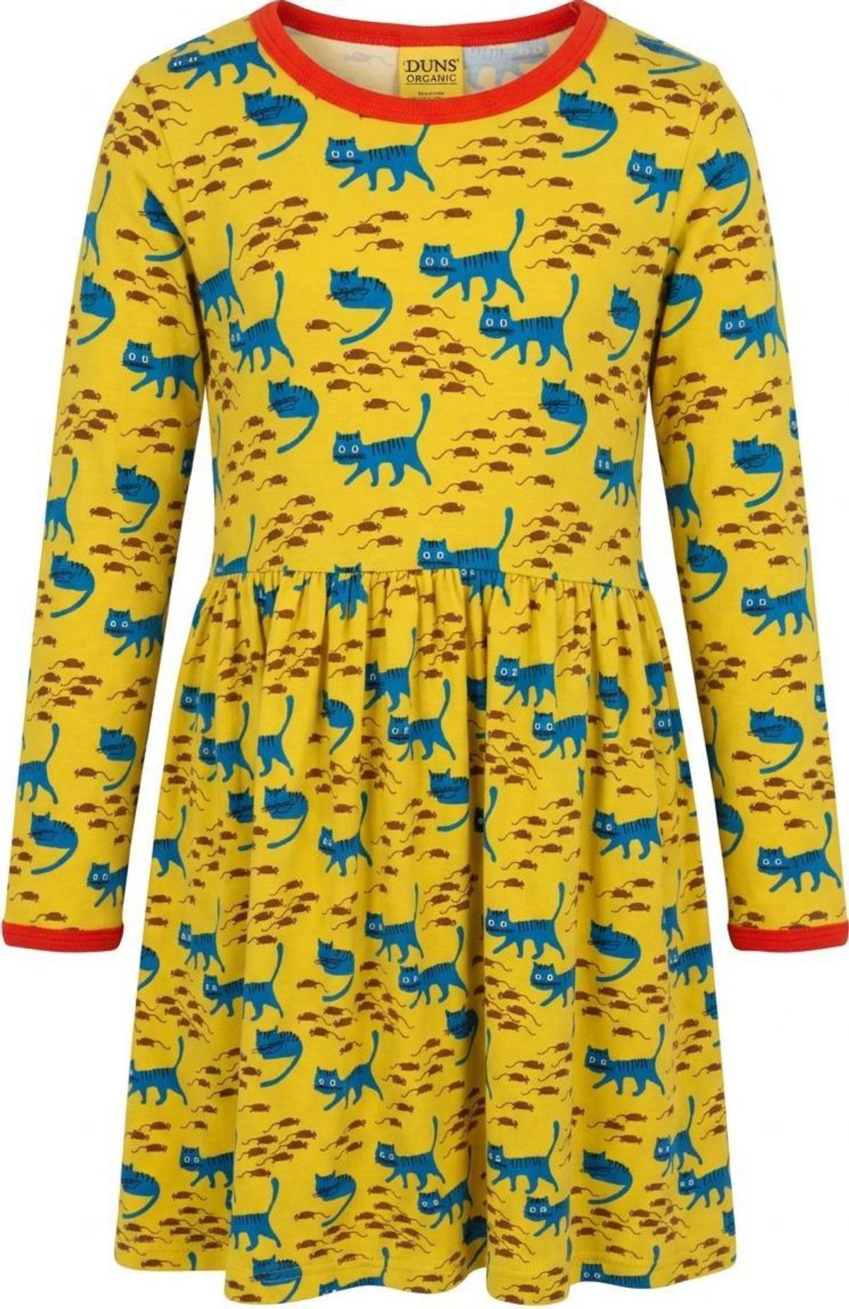 DUNS Sweden Girls' Cat Print Long Sleeve Dress Size 134 Yellow - Image 1
