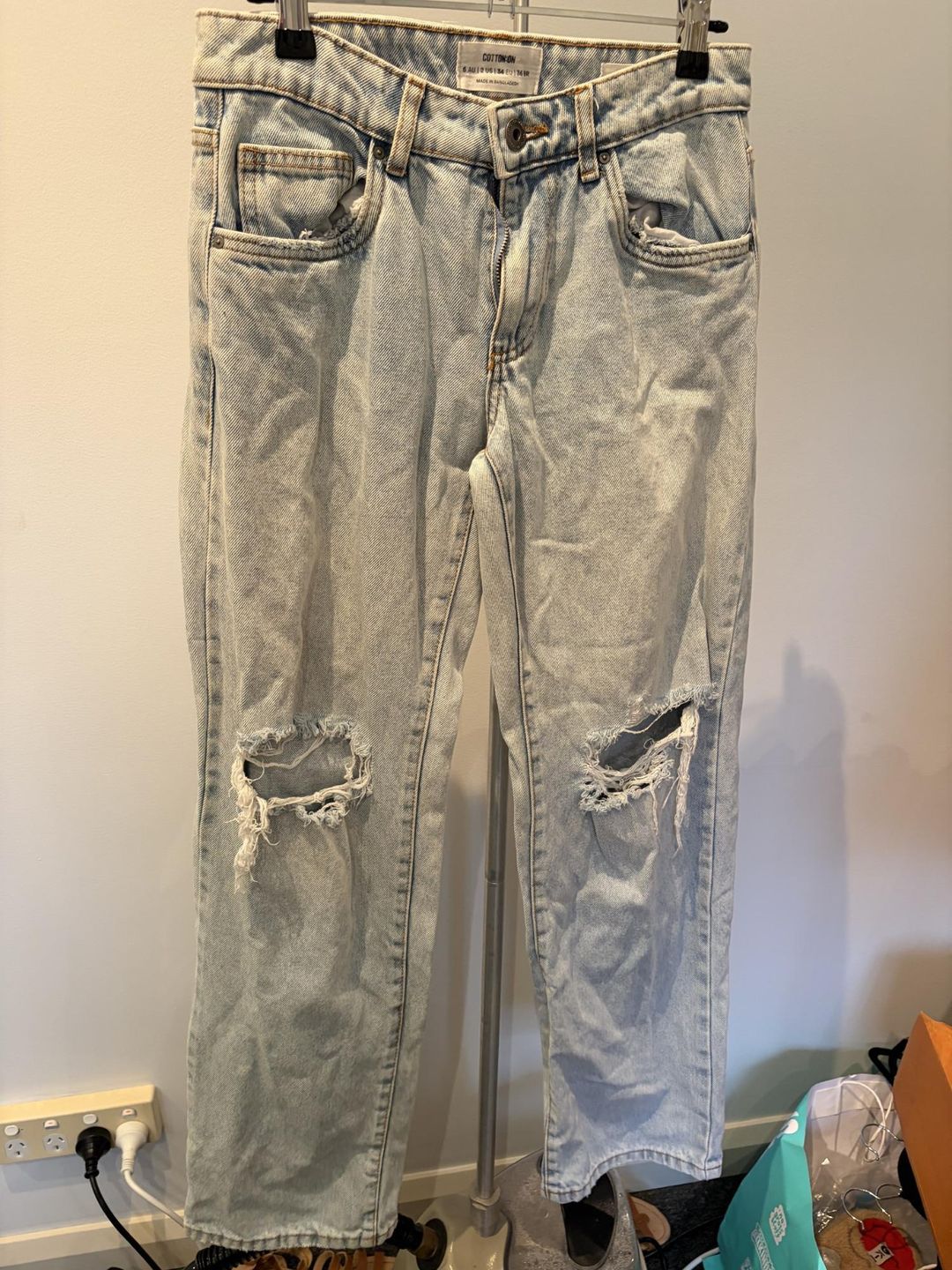 Cotton On Women's Straight Leg Ripped Jeans Size 6 Light Blue for rent on The Volte - main image