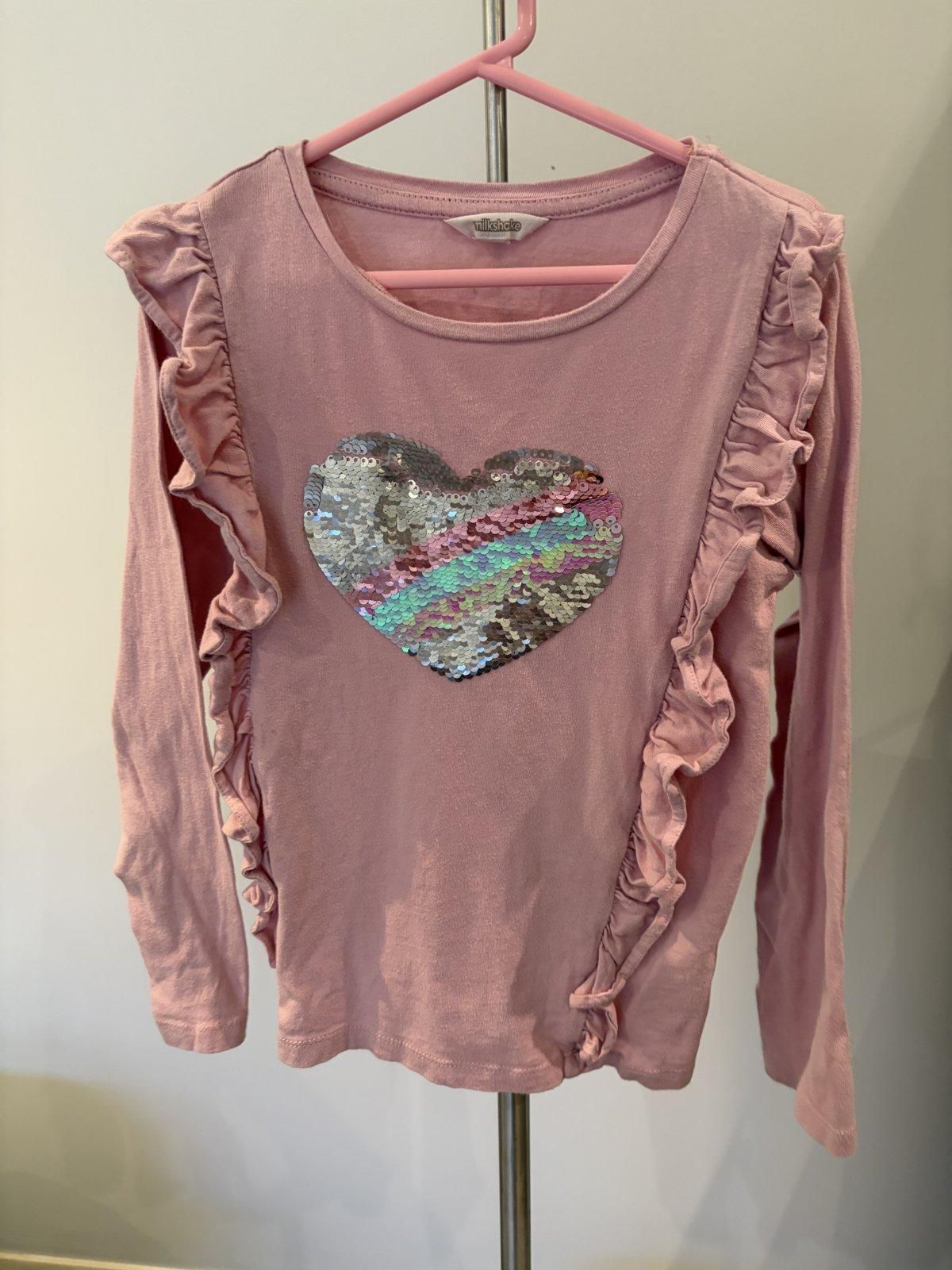 Milkshake Girls Sequin Heart Ruffle Long Sleeve Top Size 8 Pink - Image 2