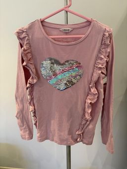 Milkshake Girls Sequin Heart Ruffle Long Sleeve Top Size 8 Pink for rent on The Volte - image 2
