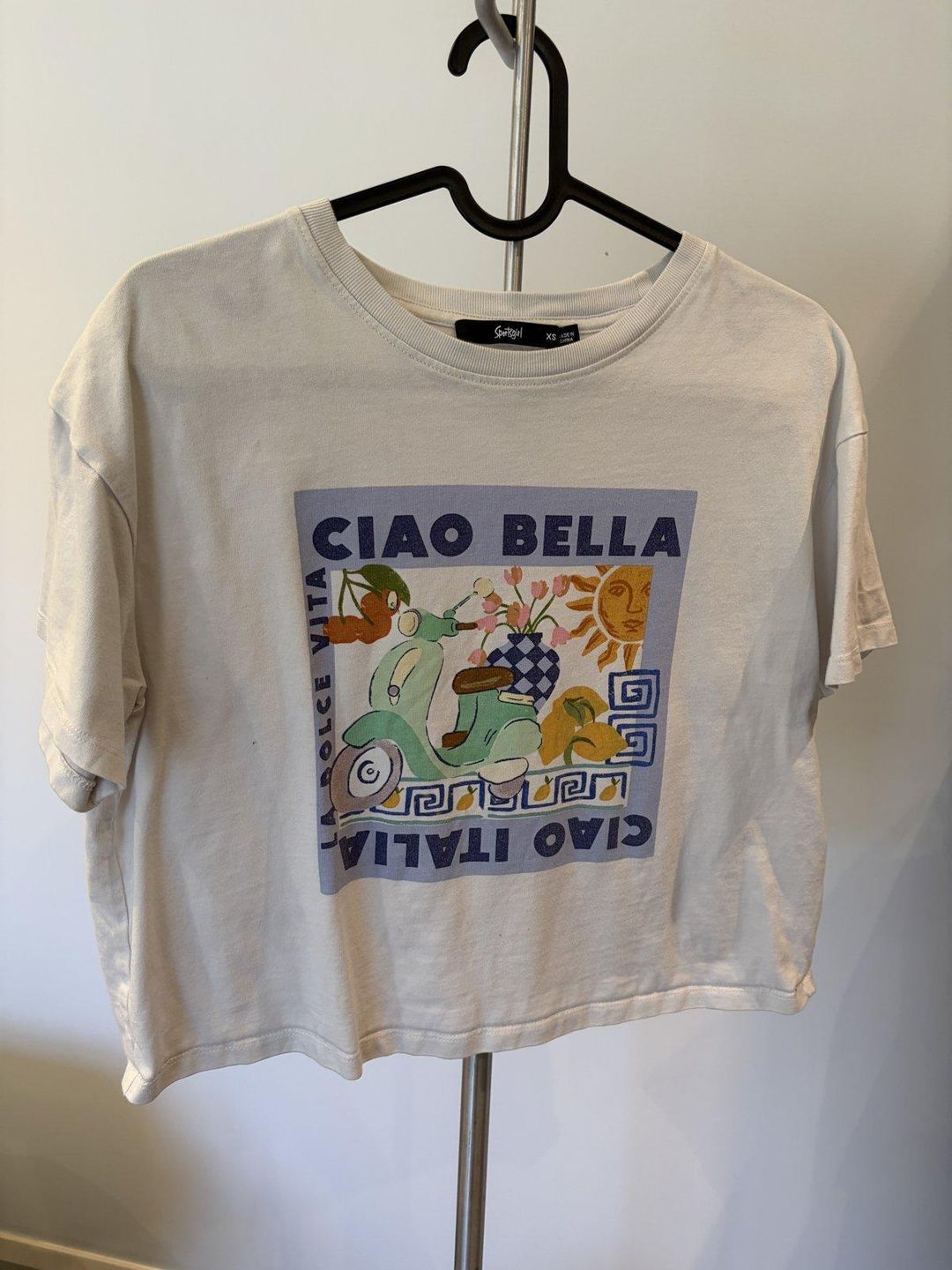 Sportsgirl Ciao Bella Vespa Cropped Tee XS Ivory for rent on The Volte - main image