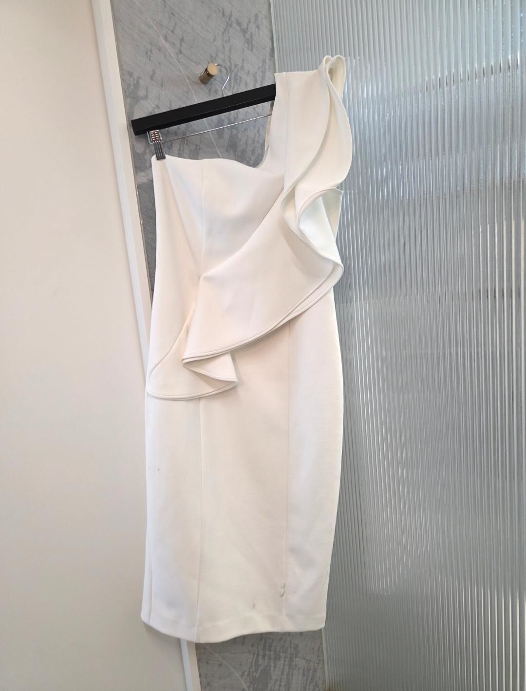 SHEIKE Ivory One-Shoulder Midi Sheath Dress Size 12 for rent on The Volte - main image