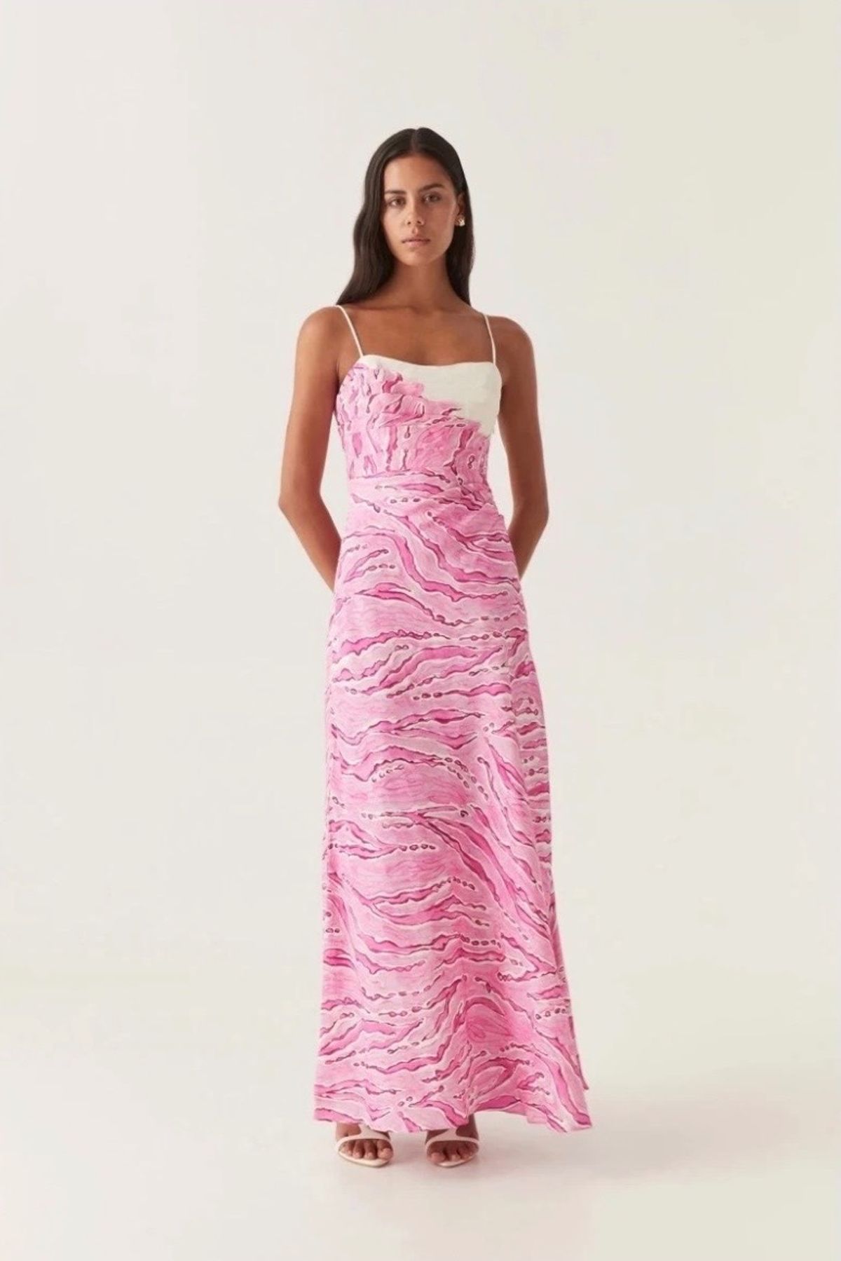 Aje Clarice Draped Linen Blend Maxi Dress Size 10 Pink for rent on The Volte - main image