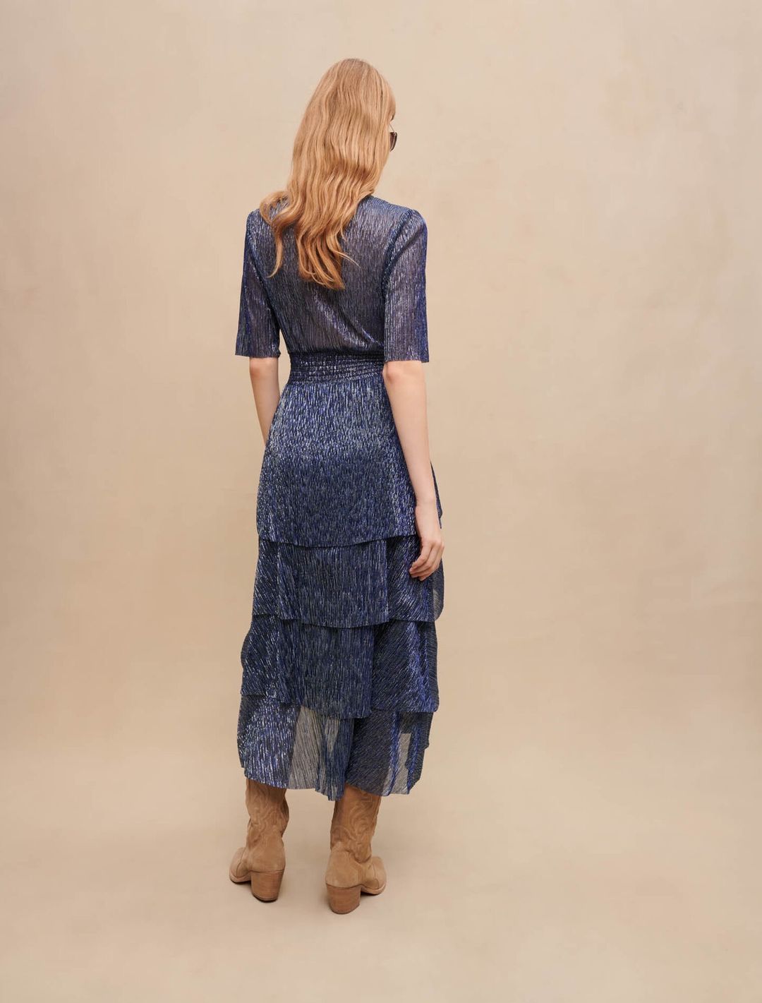 Maje Stretch Lurex Ruffle Midi Dress Size 10 Blue for rent on The Volte - main image