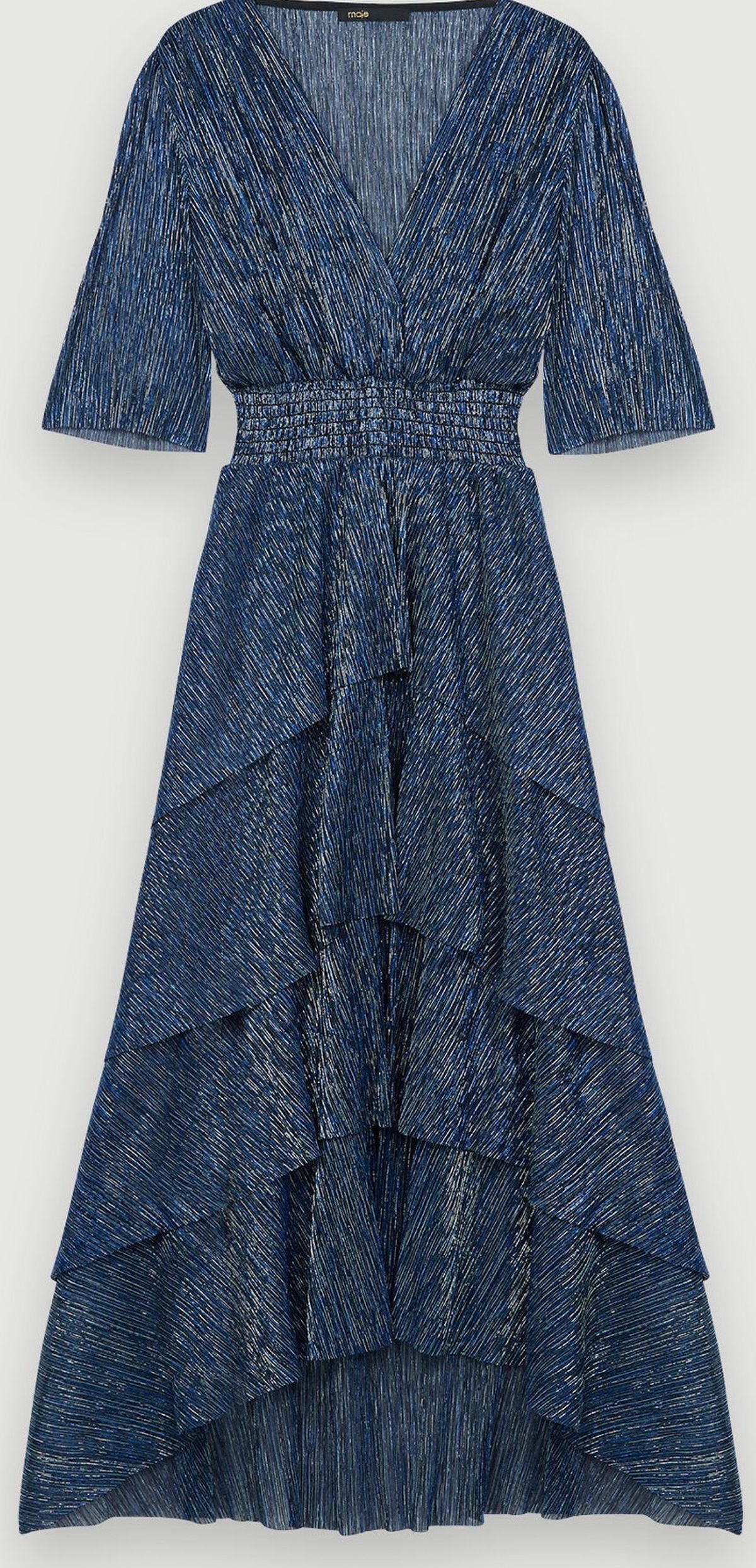 Maje Stretch Lurex Ruffle Midi Dress Size 10 Blue - Image 3