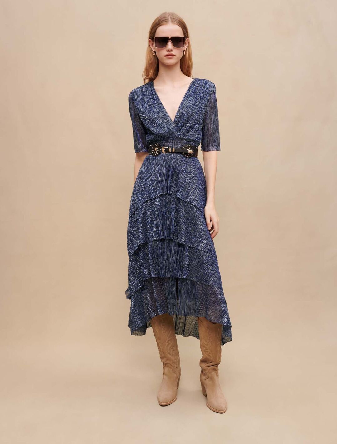 Maje Stretch Lurex Ruffle Midi Dress Size 10 Blue for rent on The Volte - main image